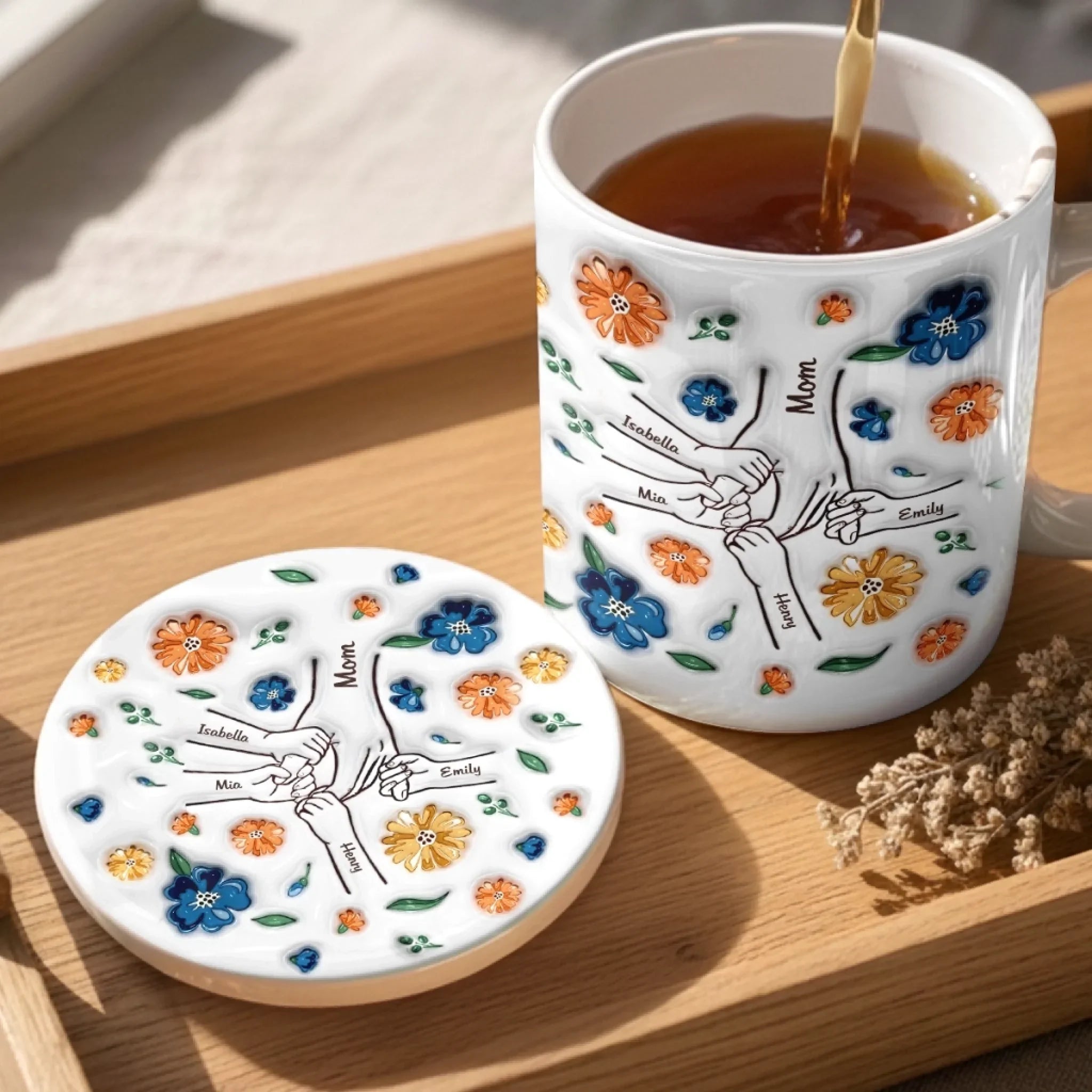 Custom 3D Inflated Effect Printed Mug And Coaster Set - Personalized Mother's Day Birthday Gifts For Mom, Grandma - Her Love, Forever In Our Hands