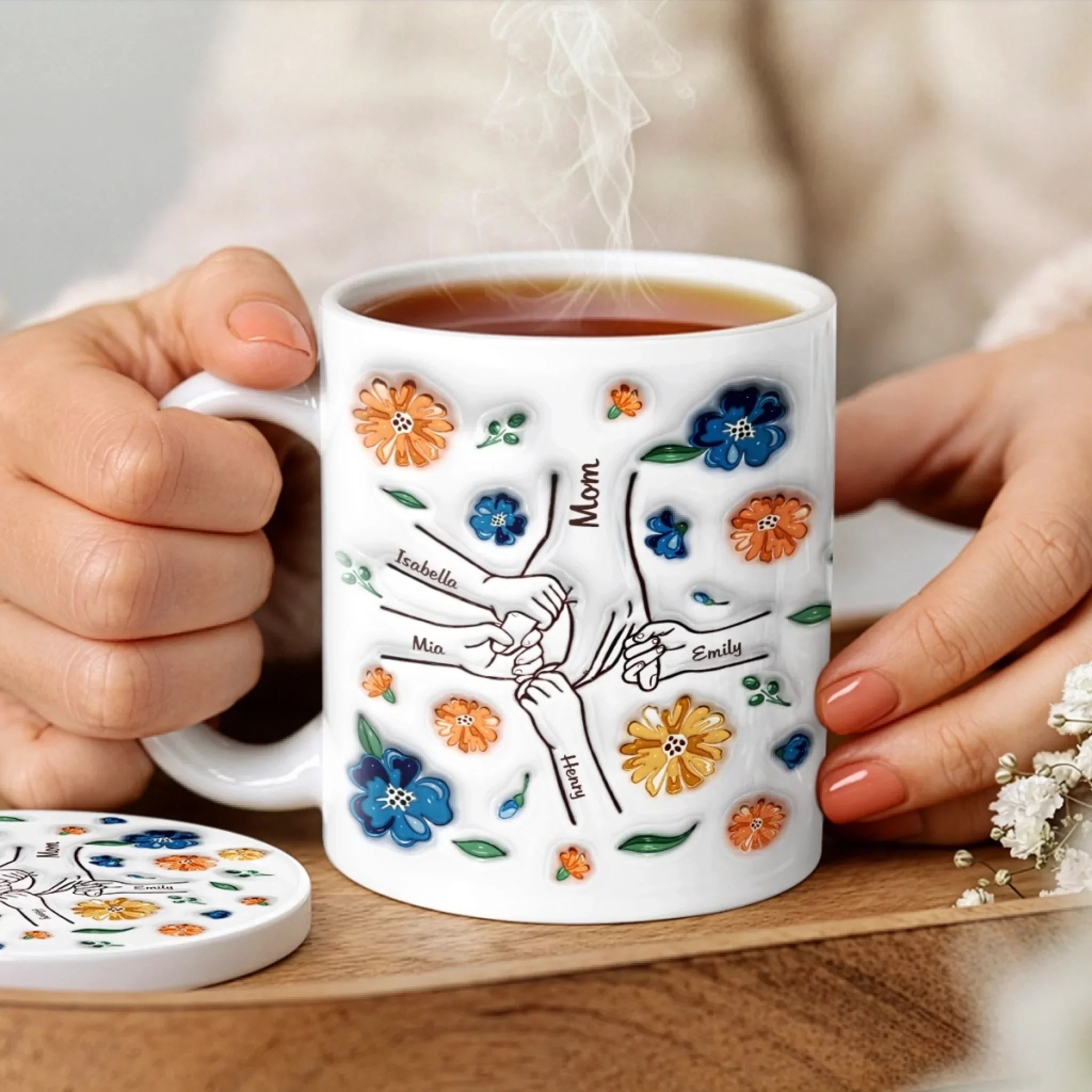 Custom 3D Inflated Effect Printed Mug And Coaster Set - Personalized Mother's Day Birthday Gifts For Mom, Grandma - Her Love, Forever In Our Hands