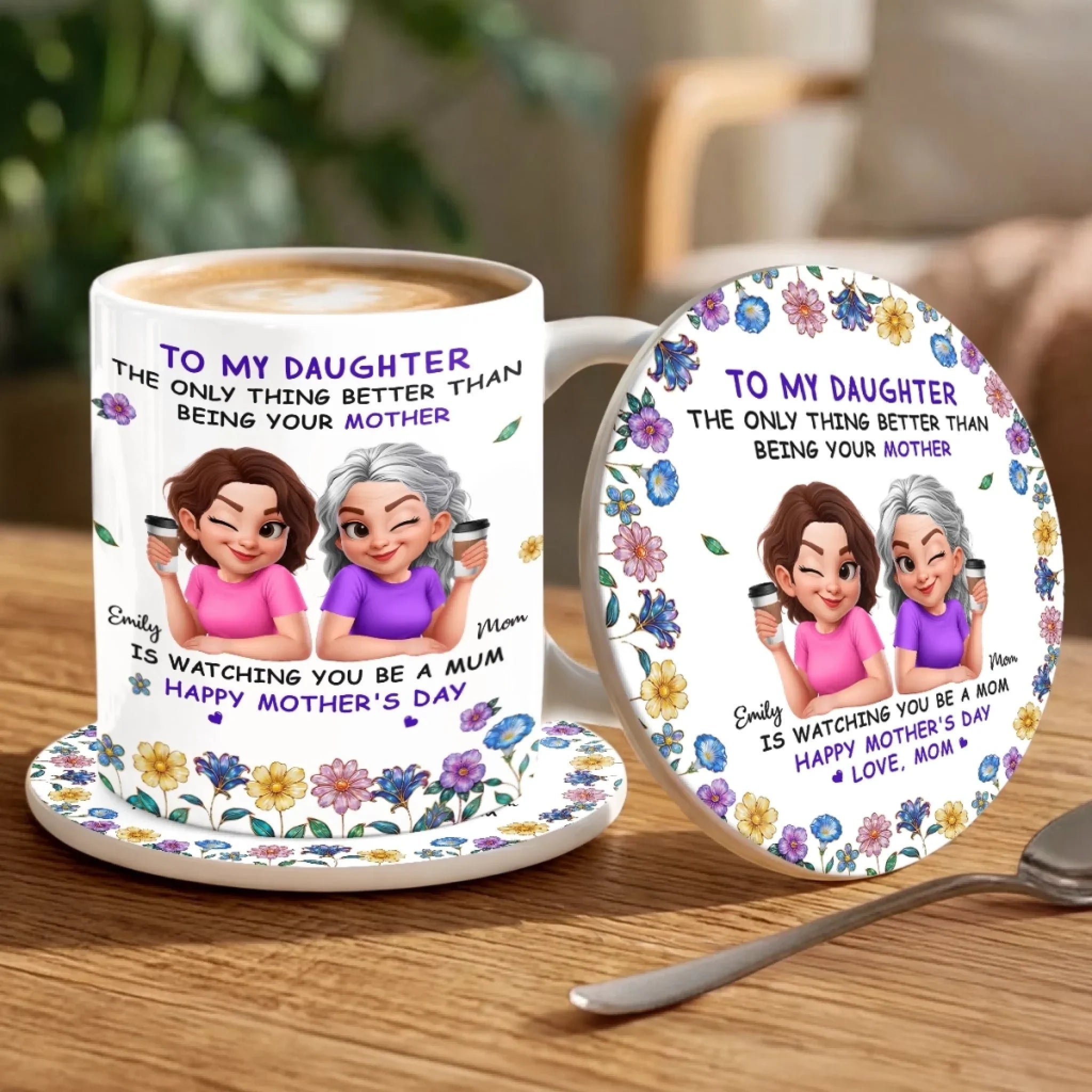 Custom Mug And Coaster Set - Personalized Mother's Day Birthday Gifts For Daughter - Like Mother, Like Daughter