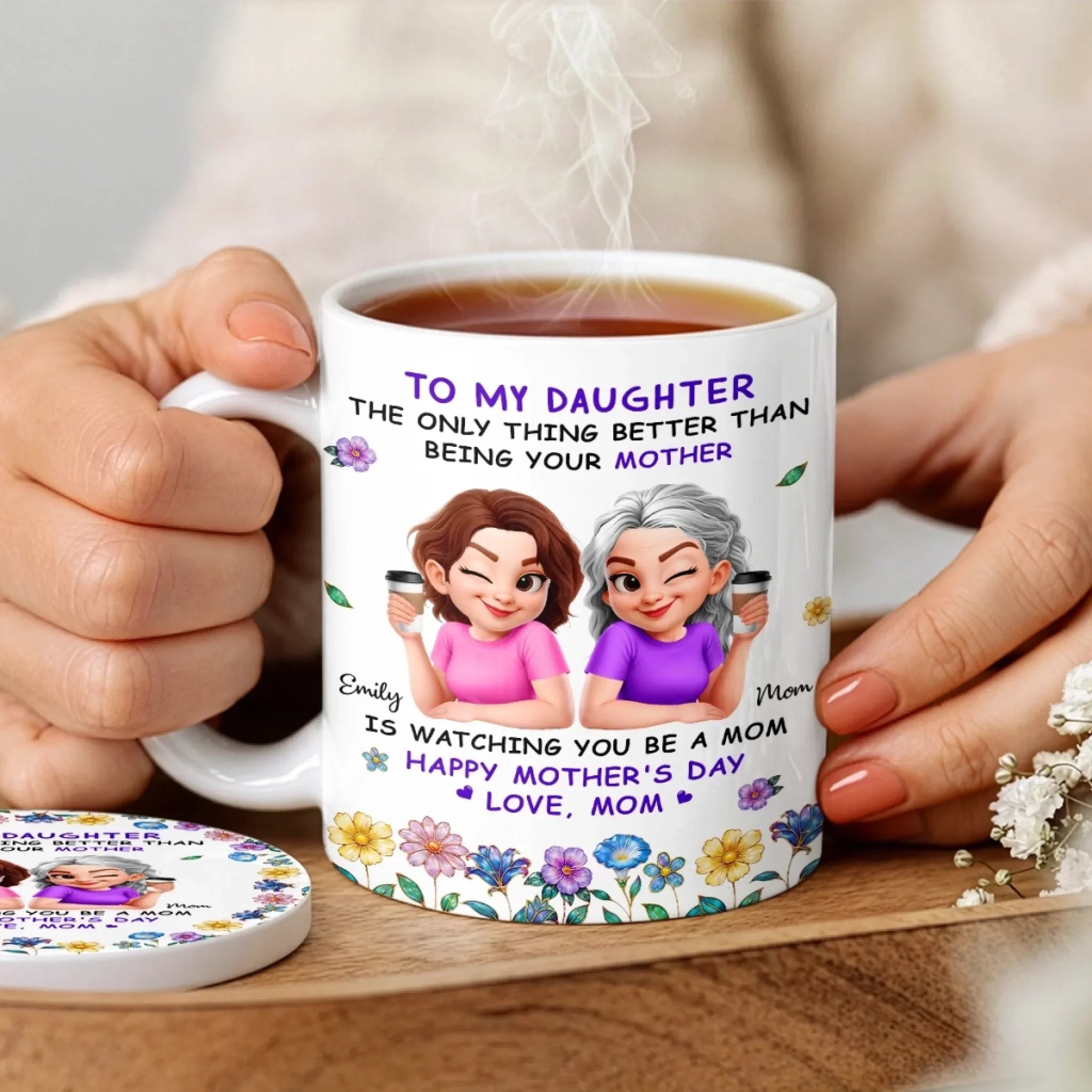Custom Mug And Coaster Set - Personalized Mother's Day Birthday Gifts For Daughter - Like Mother, Like Daughter