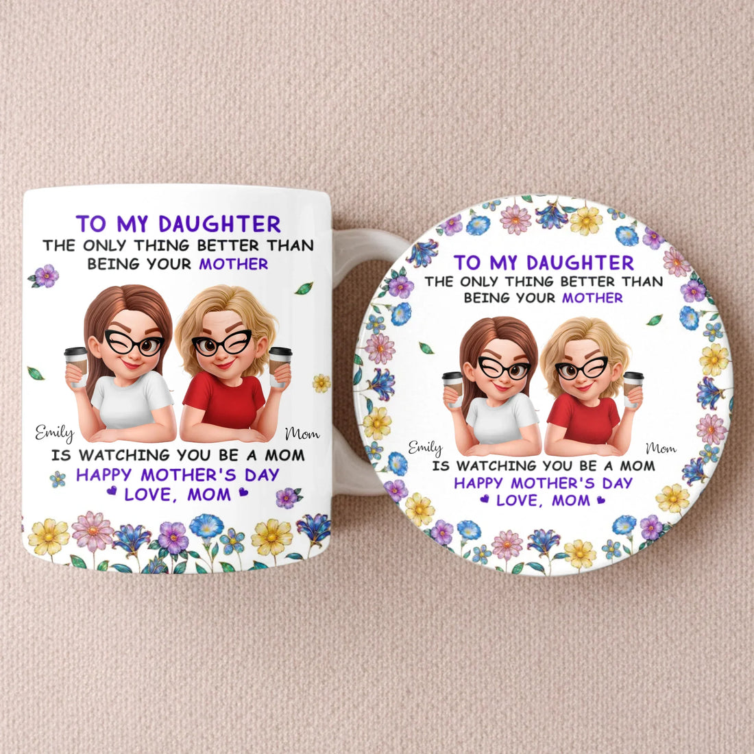 Custom Mug And Coaster Set - Personalized Mother's Day Birthday Gifts For Daughter - Like Mother, Like Daughter