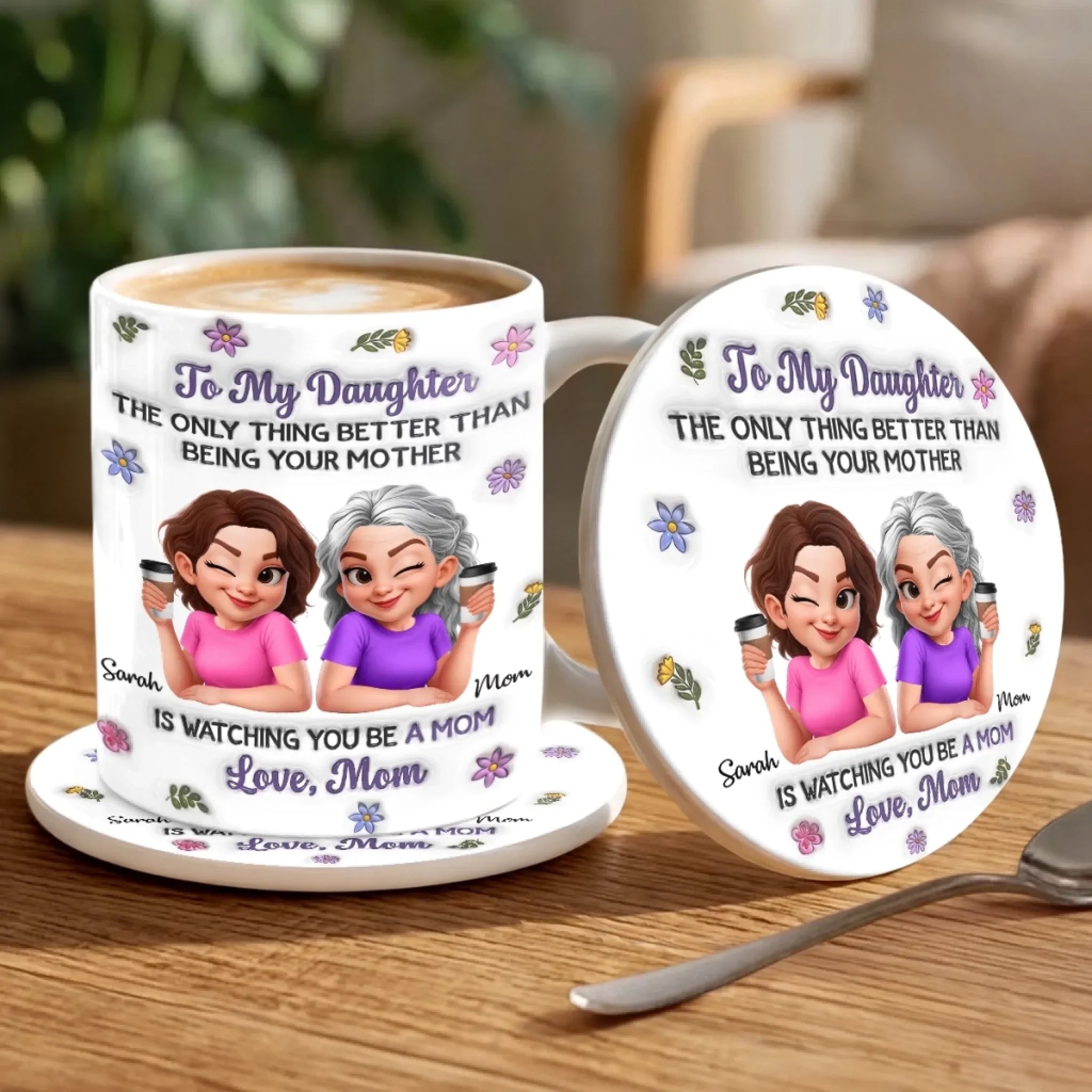 Custom 3D Inflated Effect Printed Mug And Coaster Set  - Personalized Mother's Day Birthday Gifts For Daughter - First My Mom, Now My Bestie