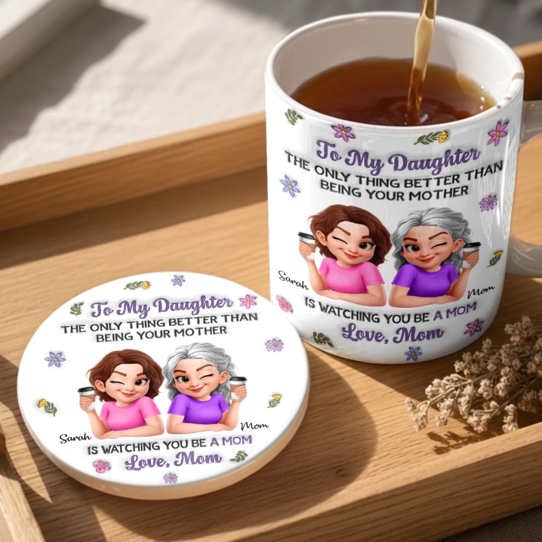 Custom 3D Inflated Effect Printed Mug And Coaster Set  - Personalized Mother's Day Birthday Gifts For Daughter - First My Mom, Now My Bestie