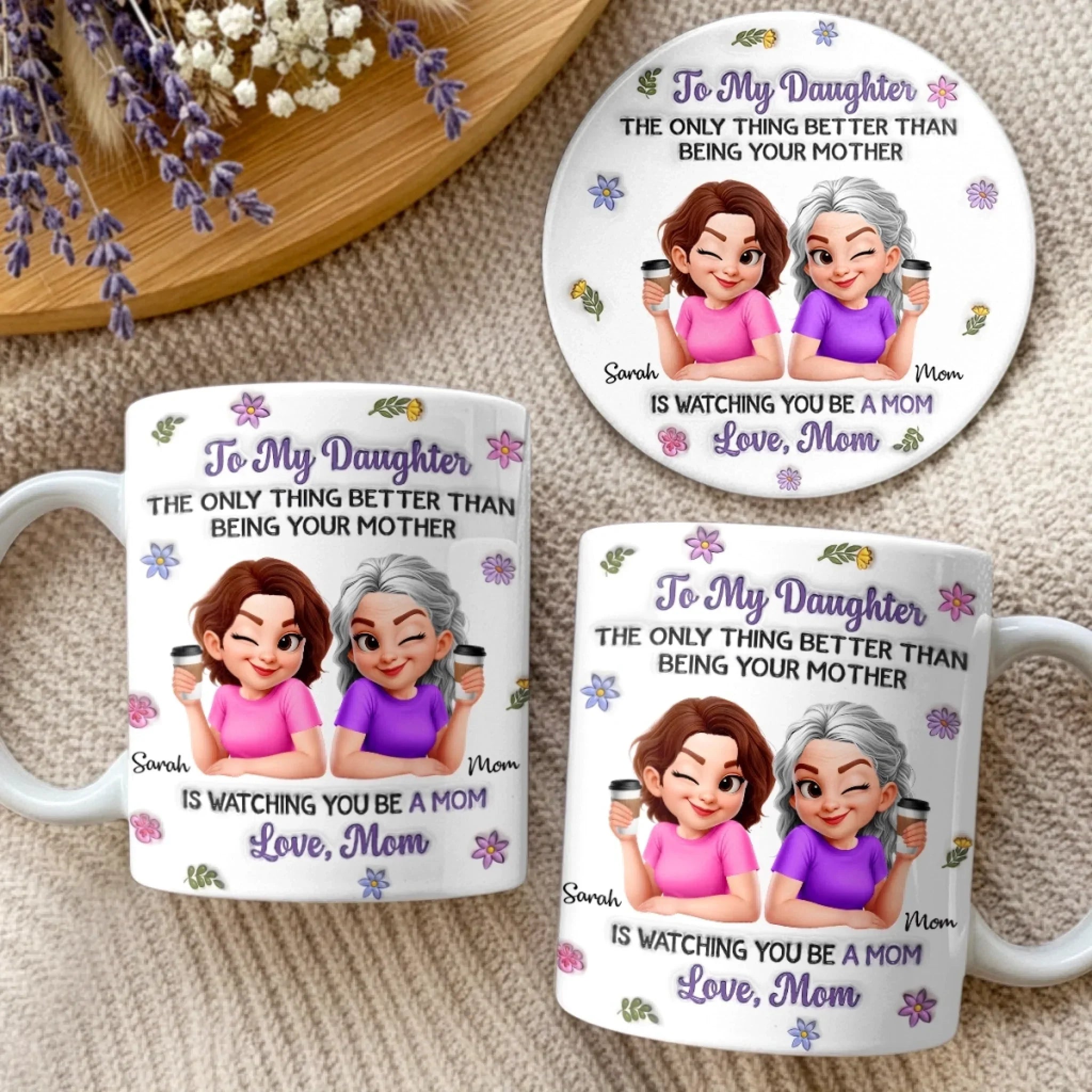 Custom 3D Inflated Effect Printed Mug And Coaster Set  - Personalized Mother's Day Birthday Gifts For Daughter - First My Mom, Now My Bestie