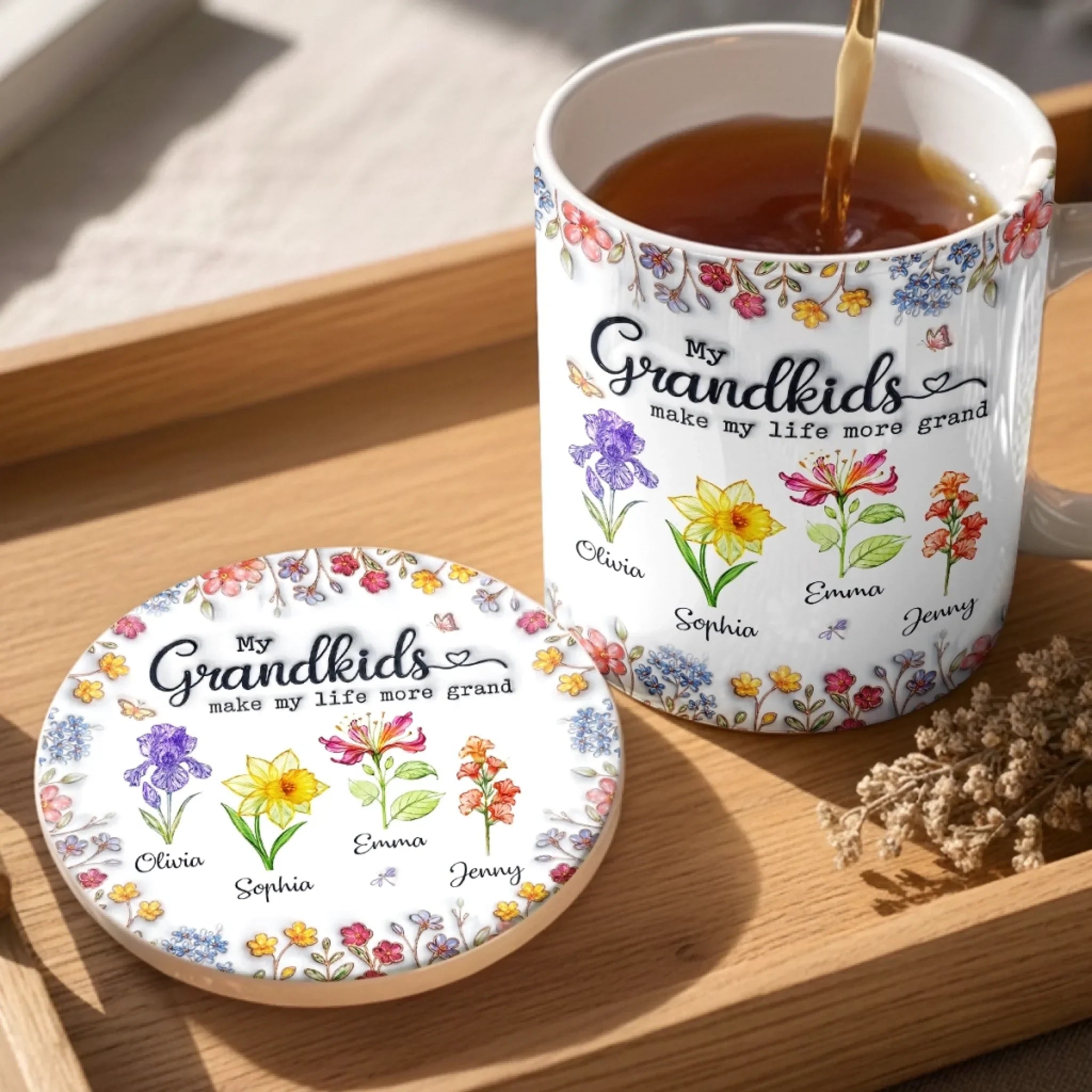 Custom 3D Inflated Effect Printed Mug And Coaster Set - Personalized Mother's Day Birthday Gifts For Mom, Grandma - Grandkids Make Life Bloom