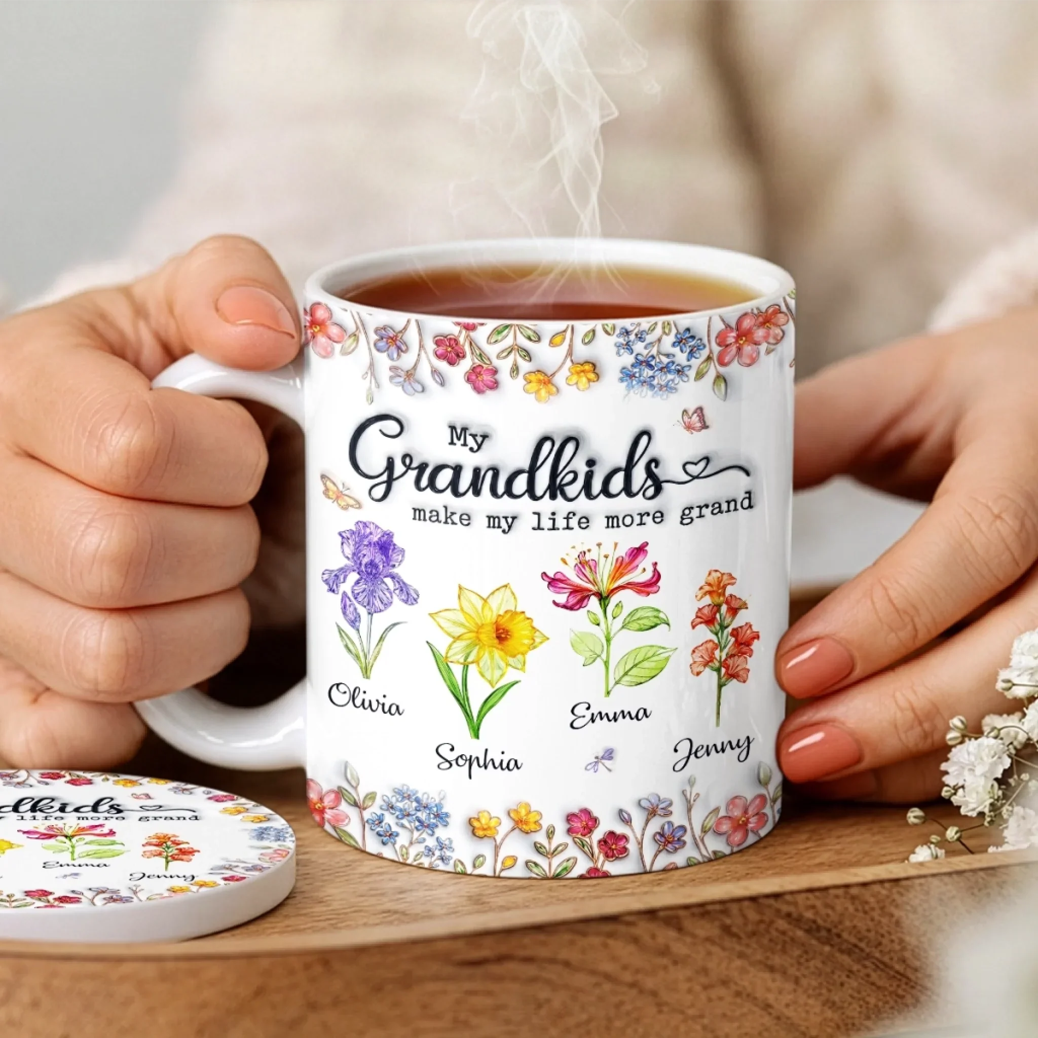 Custom 3D Inflated Effect Printed Mug And Coaster Set - Personalized Mother's Day Birthday Gifts For Mom, Grandma - Grandkids Make Life Bloom