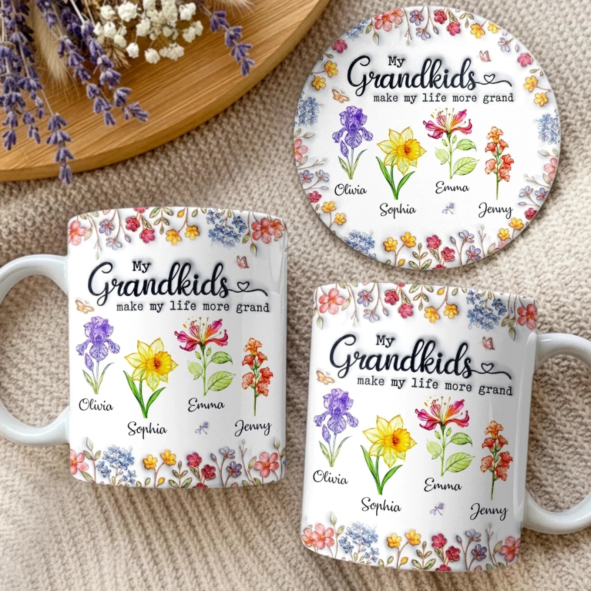 Custom 3D Inflated Effect Printed Mug And Coaster Set - Personalized Mother's Day Birthday Gifts For Mom, Grandma - Grandkids Make Life Bloom