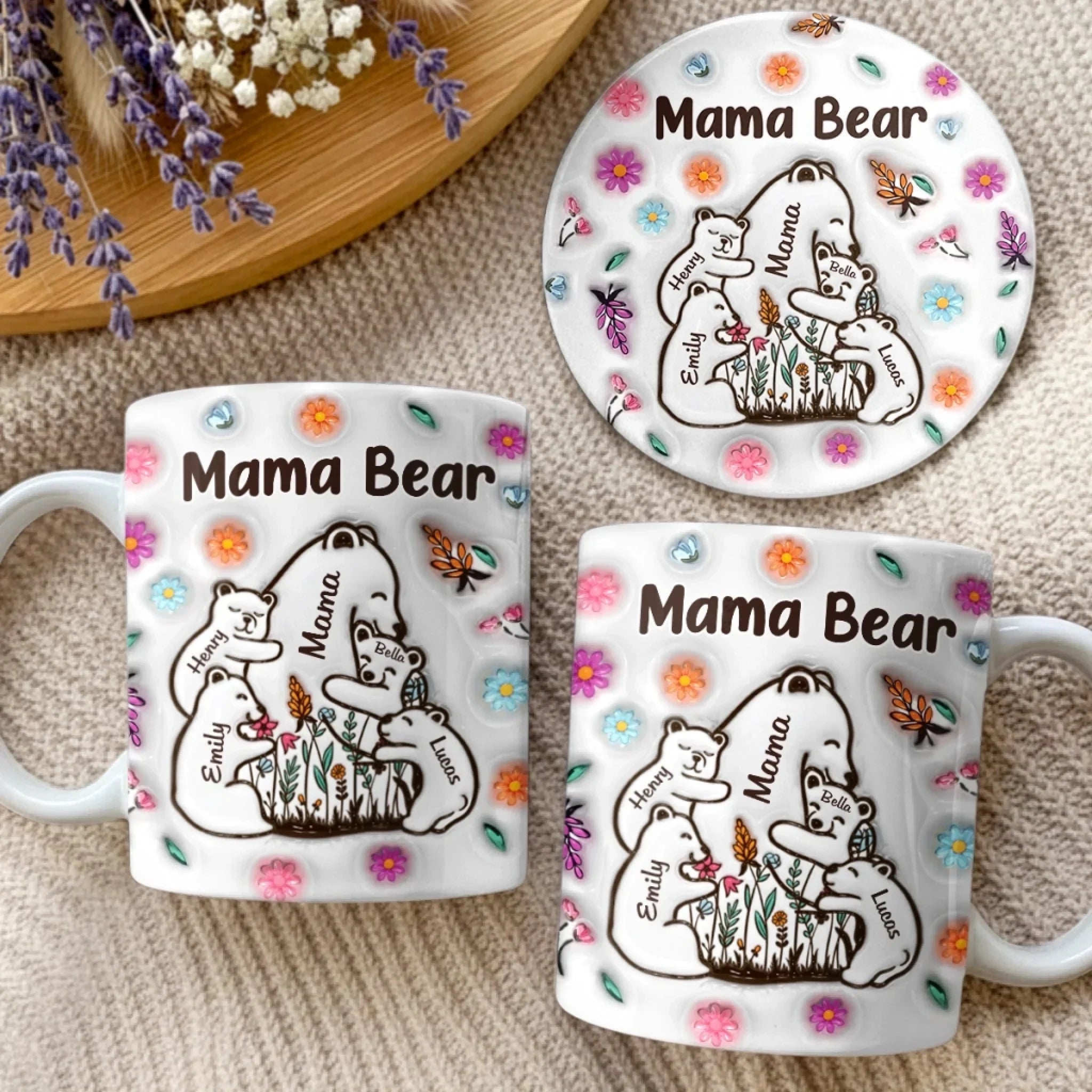 Custom 3D Inflated Effect Printed Mug And Coaster Set - Personalized Mother's Day Birthday Gifts For Mom, Grandma - Proud Mama Bear