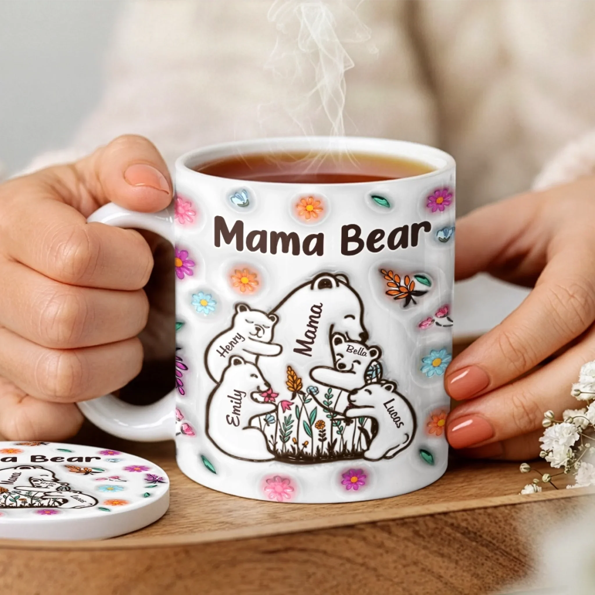 Custom 3D Inflated Effect Printed Mug And Coaster Set - Personalized Mother's Day Birthday Gifts For Mom, Grandma - Proud Mama Bear