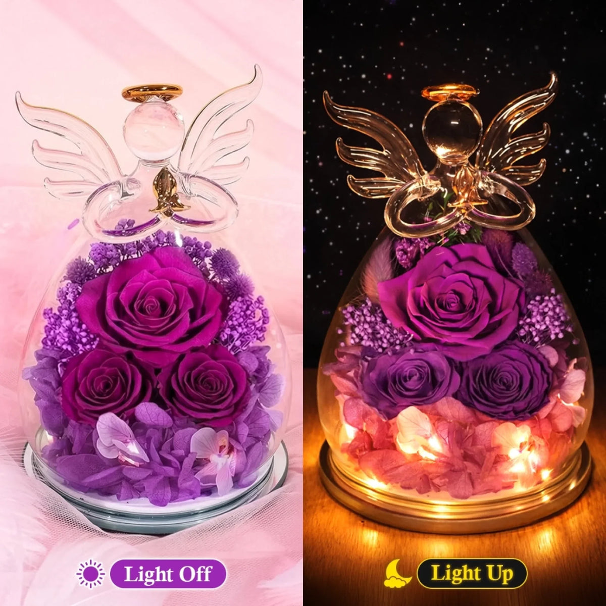 Custom Angel Glass Dome With Preserved Flowers - Personalized Mother's Day Birthday Gifts For Mom, Grandma - Mom Then, Grandma Now, Loved Forever