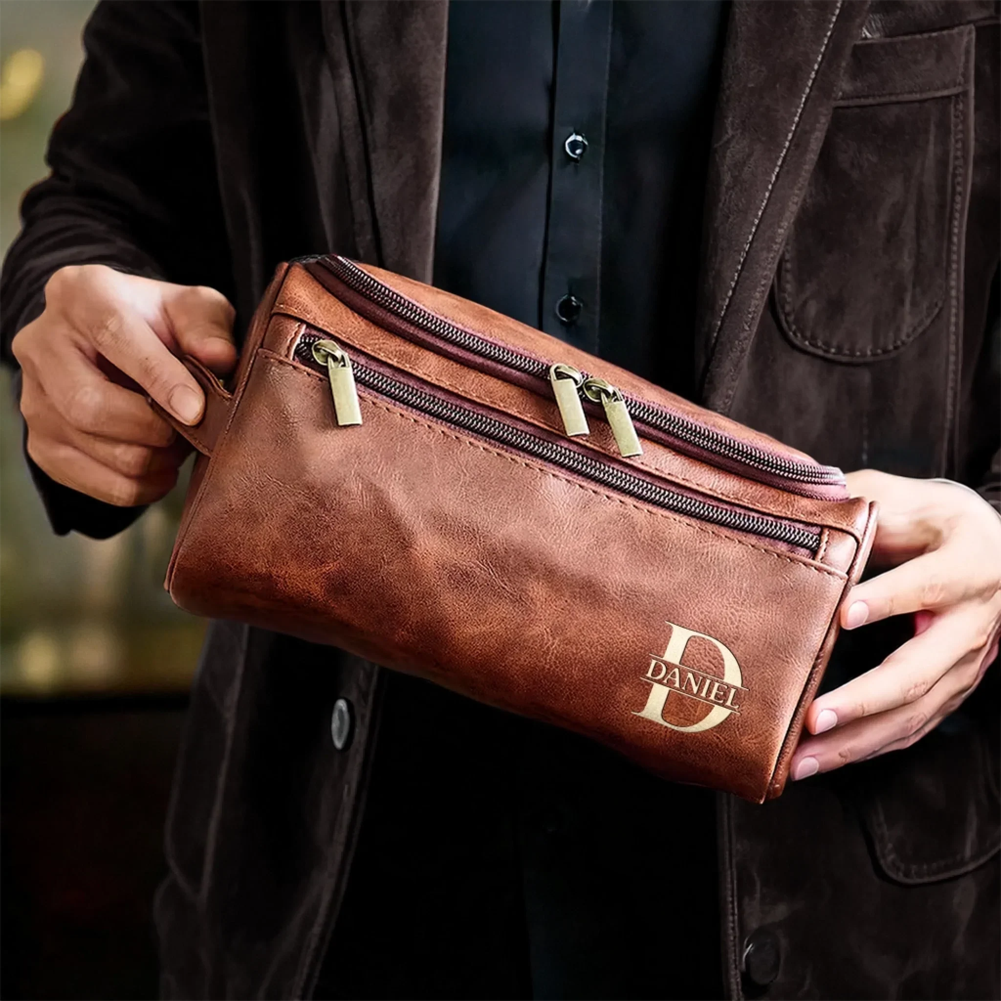 Custom Engraved Leather Toiletry Bag - Personalized Birthday Gifts For Dad, Brother, Grandpa, Husband - For The Man Who’s Always On The Move