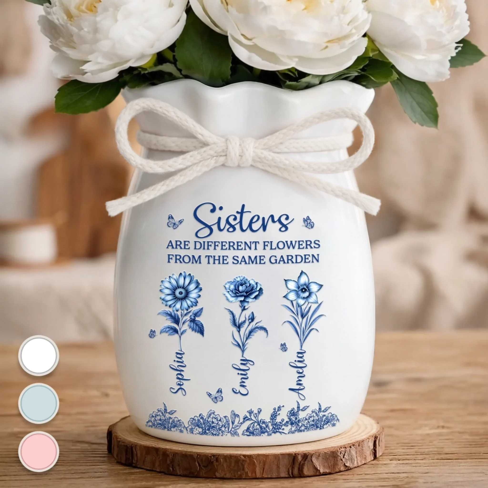 Custom Flower Vase With Ribbon - Personalized Best Friend Birthday Gifts For Women, Besties, Sisters, BFF - Sisterhood Blooms Through Every Season