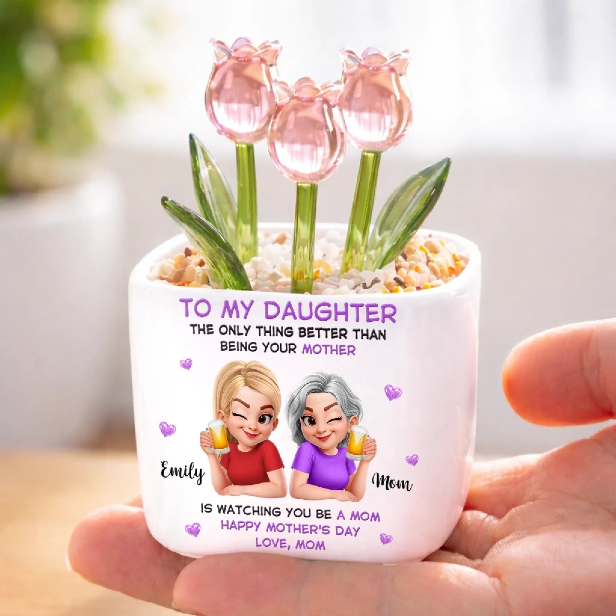 Custom Glass Everlasting Tulips - Personalized Mother's Day Birthday Gifts For Mom, Daughter - Like Mother Like Daughter