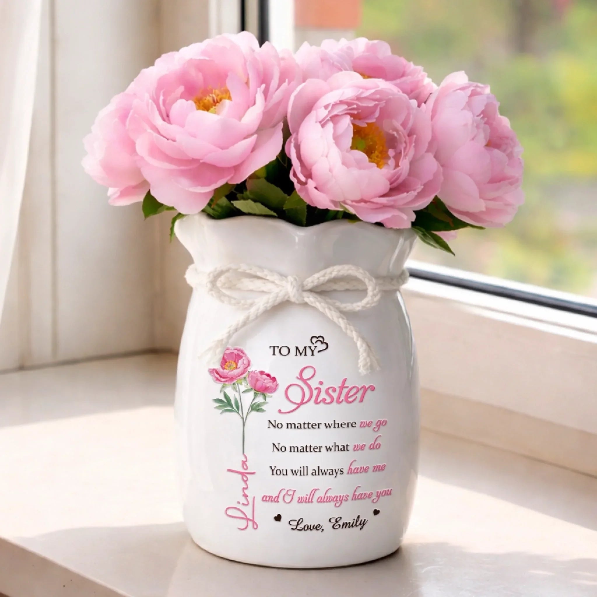Custom Flower Vase With Ribbon - Personalized Best Friend Birthday Gifts For Women, Besties, Sisters, BFF - A Sister’s Love Stays Forever