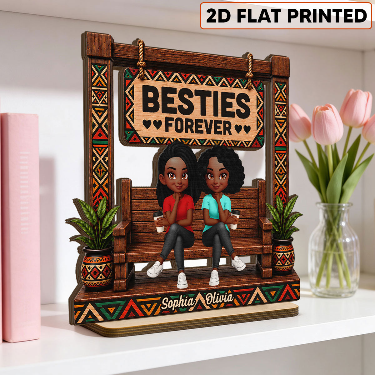 Tribal Patterns Besties Forever - Personalized 2-Layered Wooden Plaque - Birthday Gift, Gift For Best Friends
