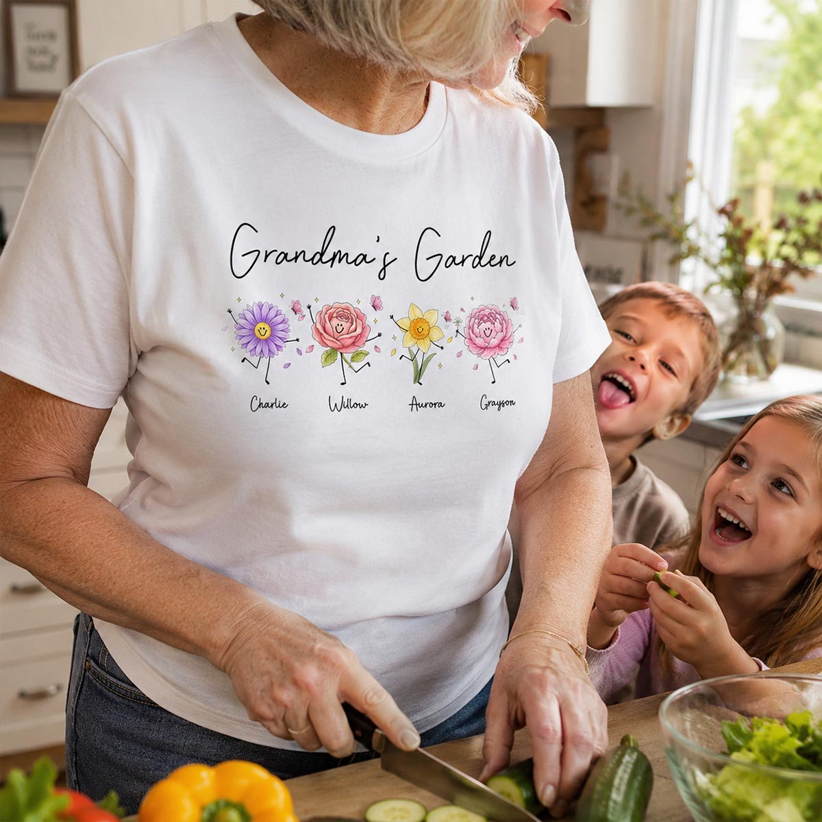 Grandma's Garden Cute Doodle Birth Month Flower - Personalized Shirt - Heartfelt Gift For Grandma, Mom, Auntie