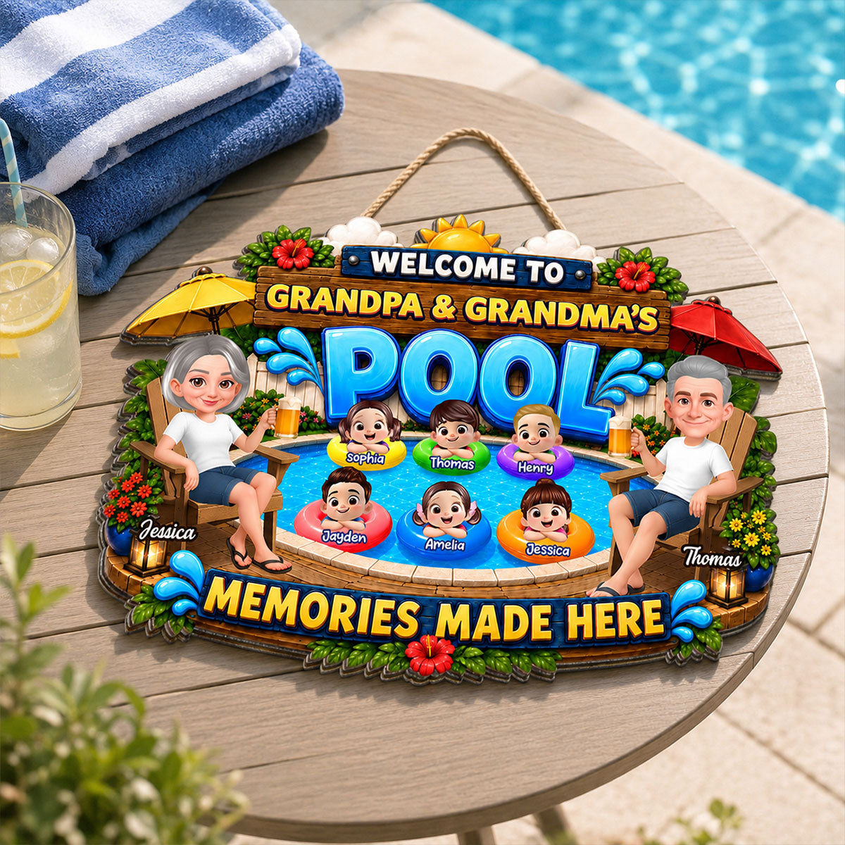 Welcome To Grandma Grandpa Pool Summer - Personalized Wood Sign - Gift For Grandparents, Summer Decoration