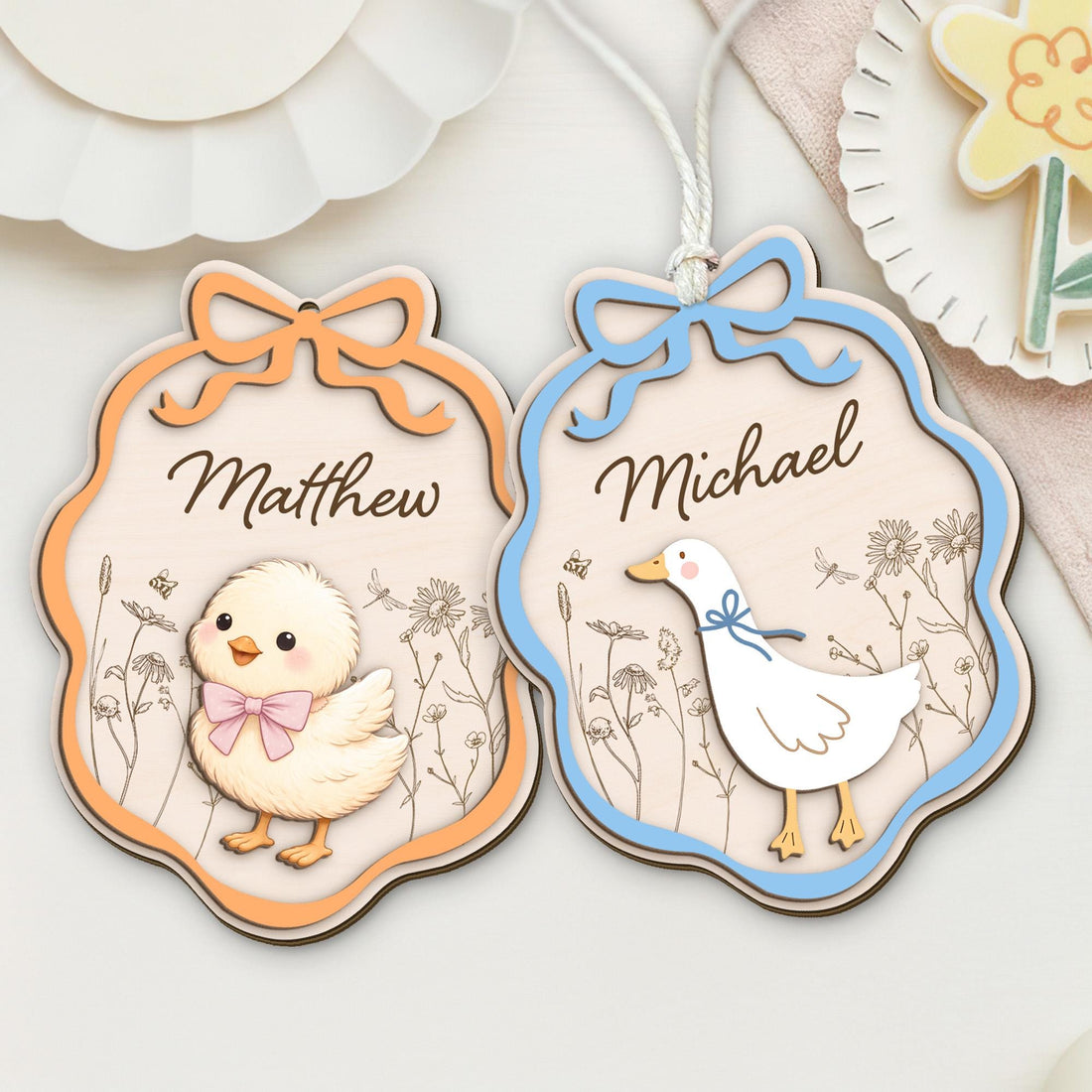 Personalized Easter Wooden Name Tag, Custom Bunny Chick Lamb Duck Decor