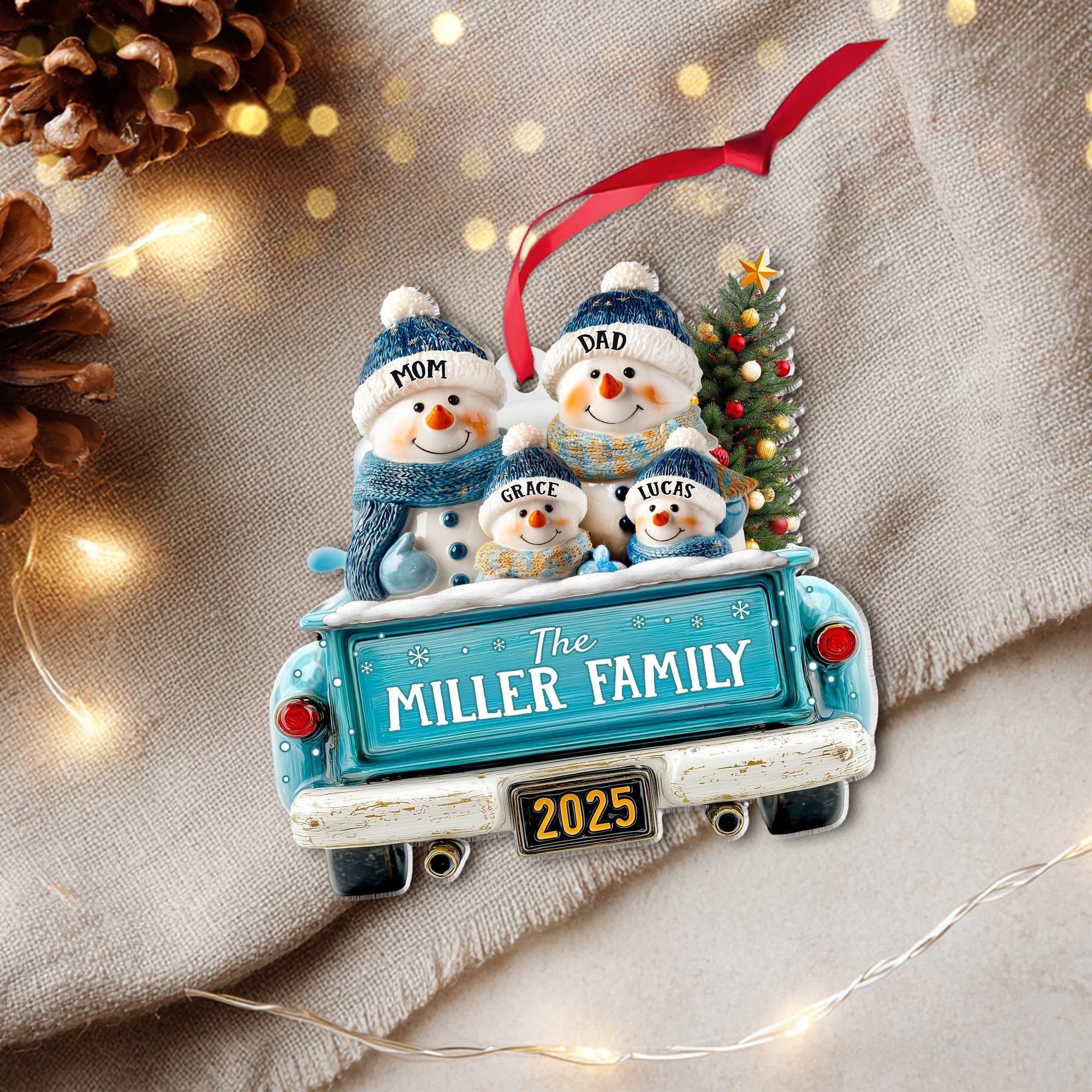 Personalized Snowman Family Ornament, Custom Family Of 3 4 5 6 Christmas Ornament, Red Truck Christmas Ornament, Christmas Tree Decor