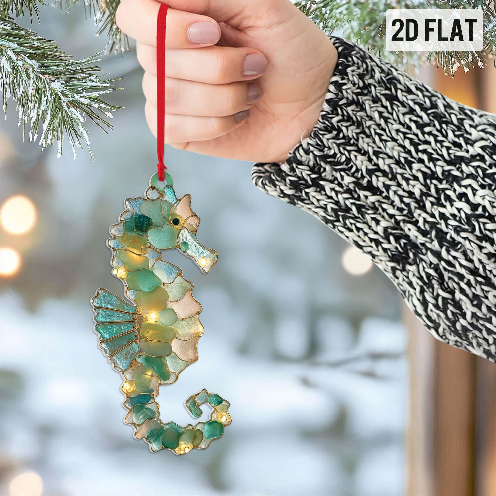 Sea Glass Ocean Ornament Set, 2D Flat Turtle Crab Shell Seahorse Christmas Decorations, Coastal Beach Decor, Sea Animal Christmas Deco