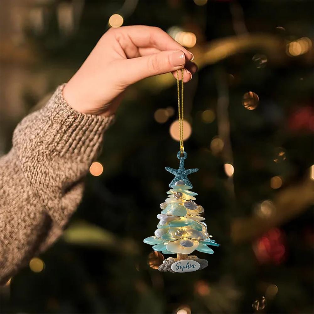 Personalized Sea Glass 2D Flat Christmas Tree Ornament, Coastal Ornament, Beach Christmas, Ocean Lover Gift, Holiday Gift For Beach Lovers