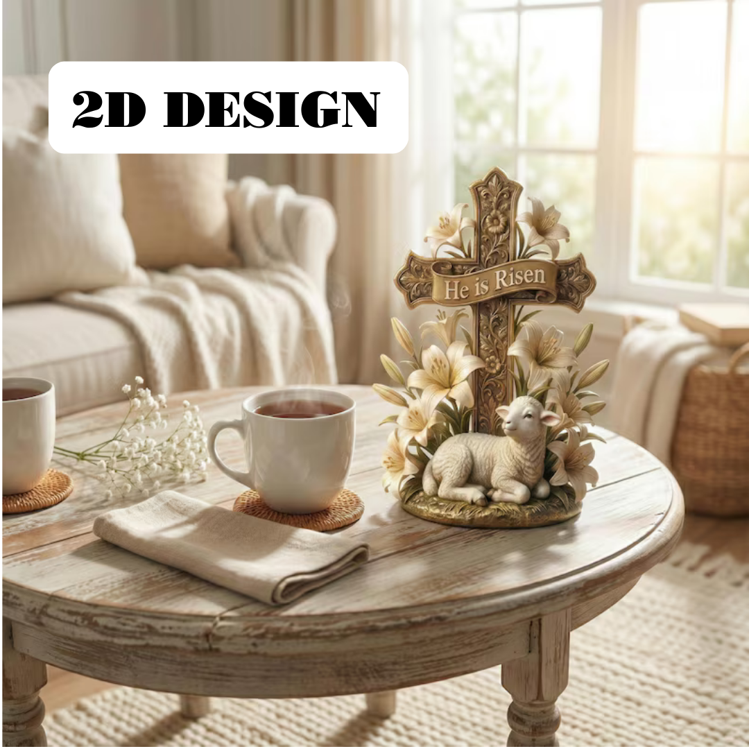 He Is Risen Easter Cross Statue with Lamb & Lily flat 2D Wooden Block - Resurrection Scene Christian Figurine - Pastor Gift.