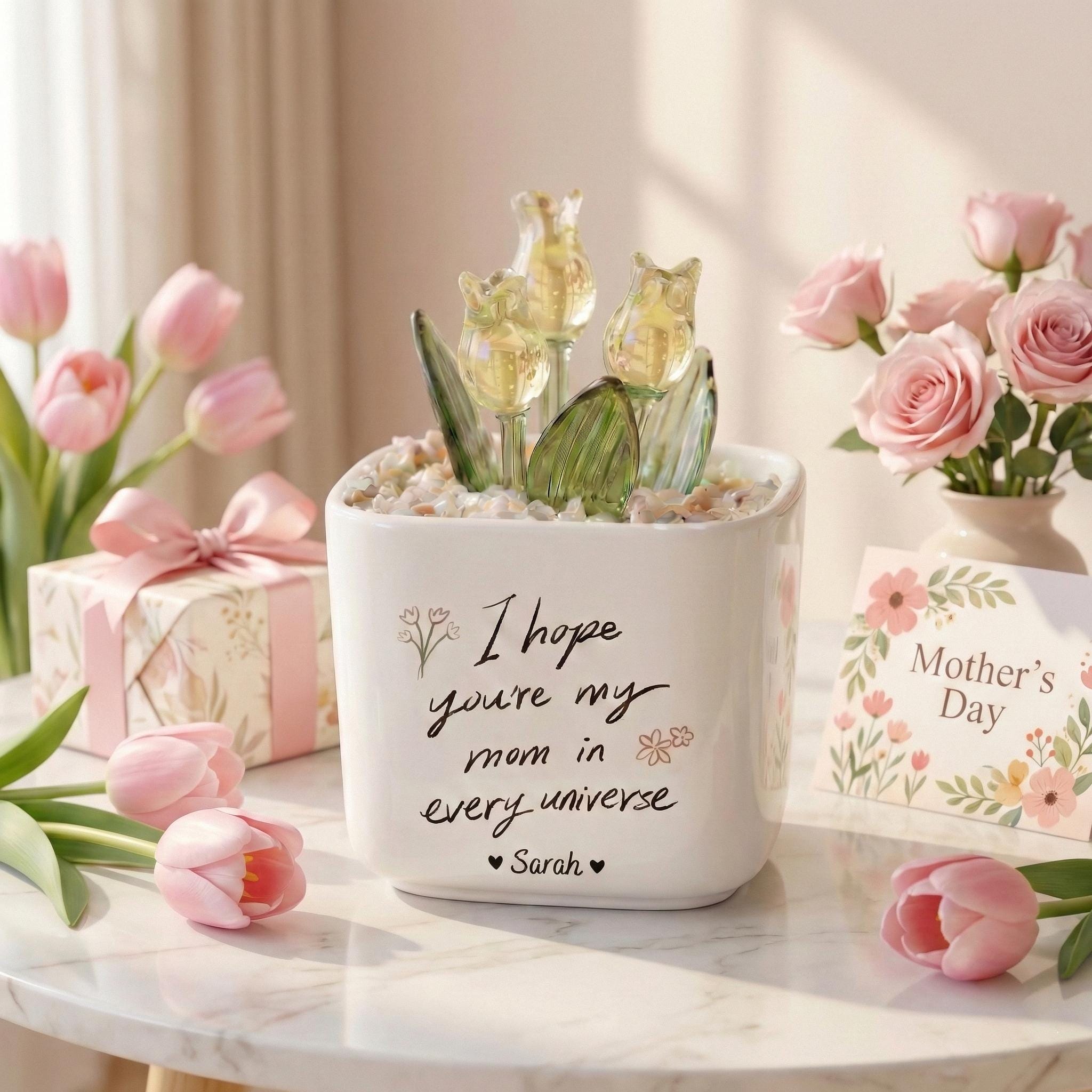 Personalized Tulip Glass Flower Pot – Custom Mother's Day Gift