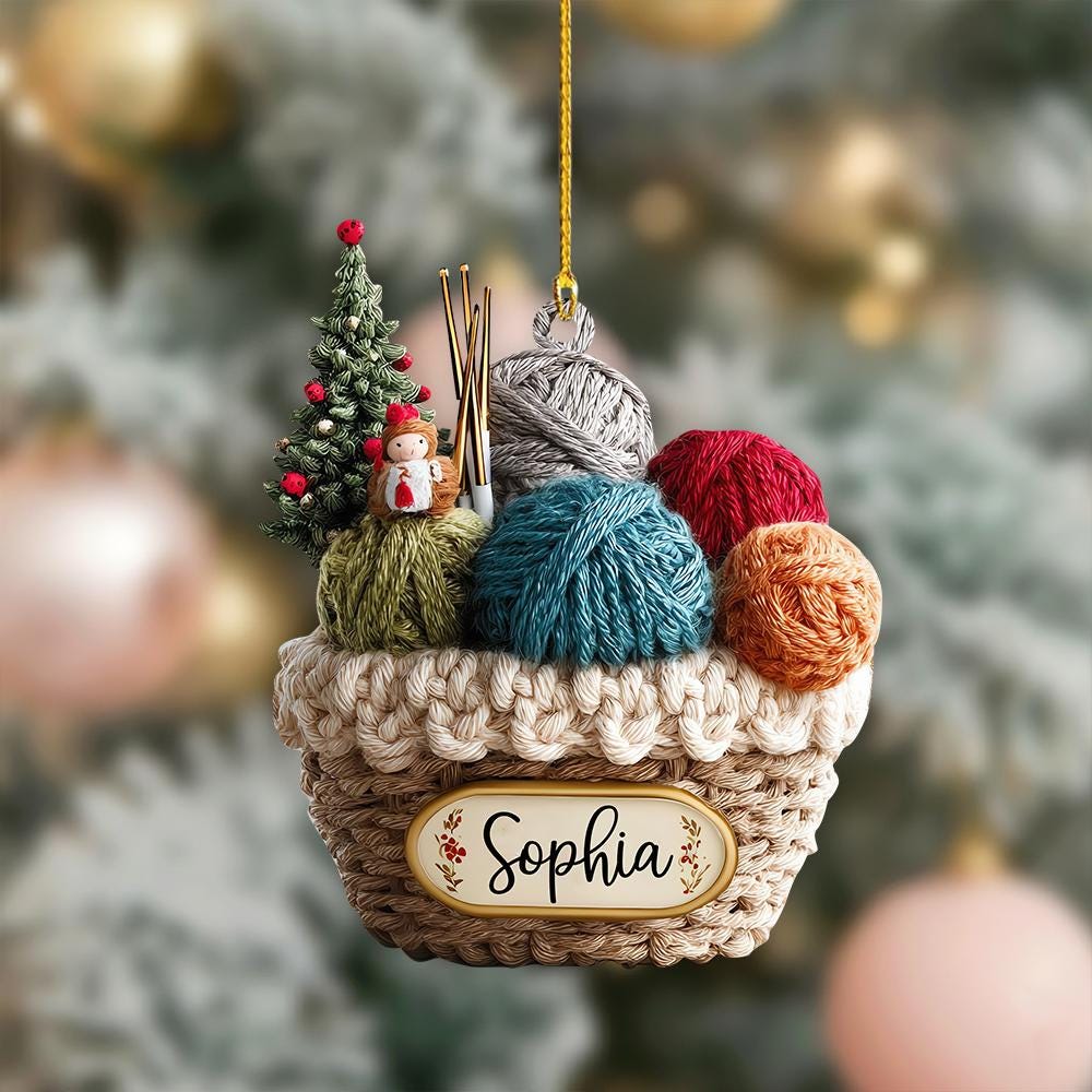 Personalized Knitting Basket Christmas Ornament, 2D Flat Acrylic Yarn Decor for Knitters, Crochet Lover Holiday Gift 2025, Knitting Gift
