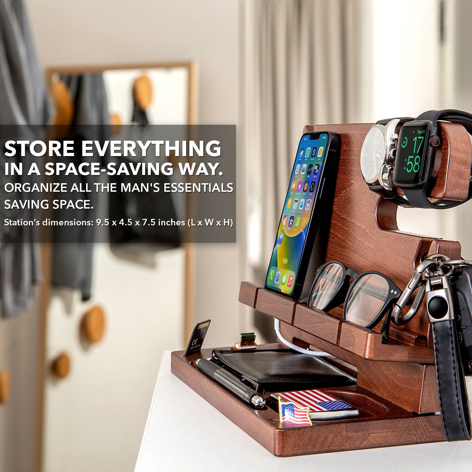 Wood Personalized Docking Station for Cell Phone, Tablet, Wallet, Gadgets, Watch, Keys, Accessories, Desk Organizer, Gifts for Men (Moroon)