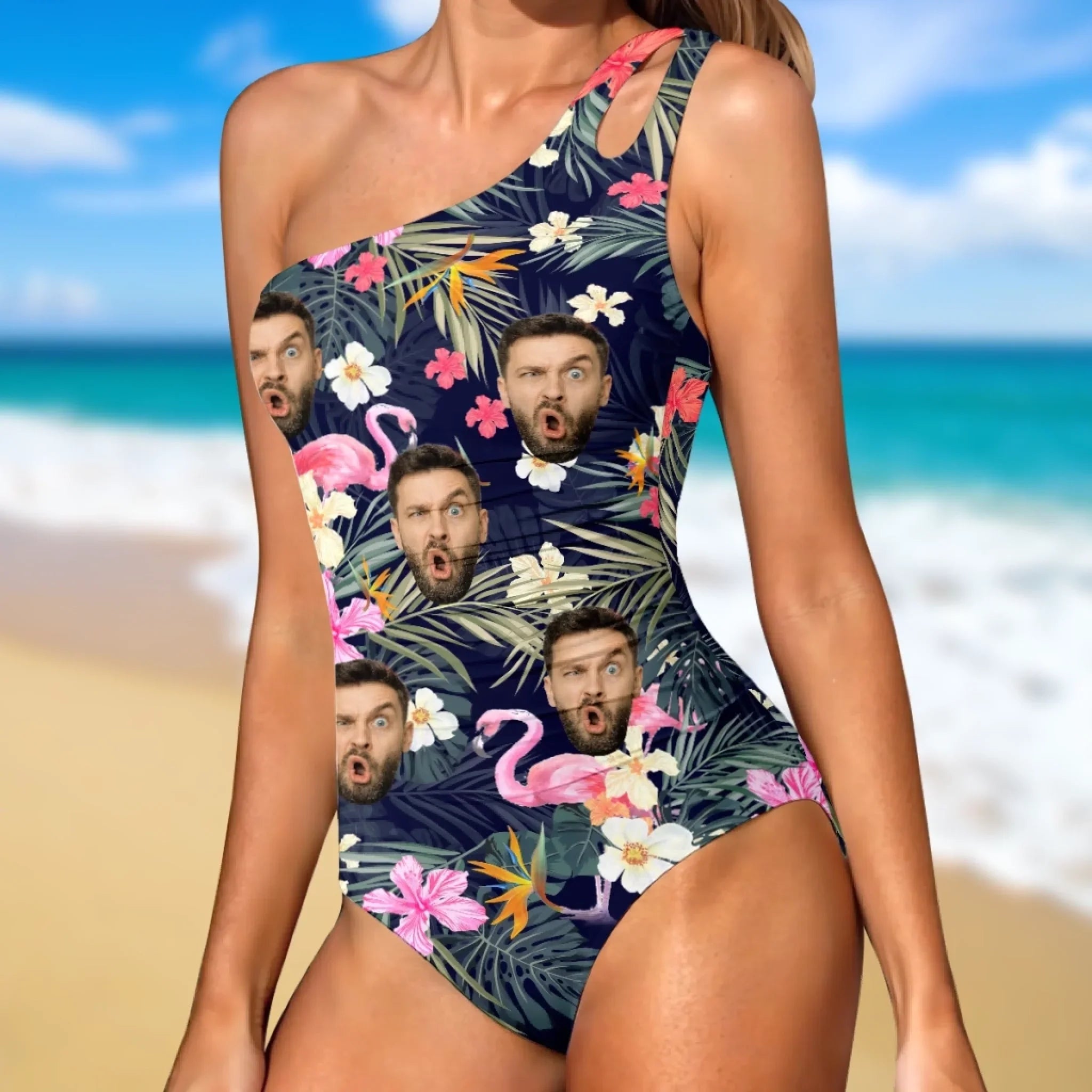 Custom Photo Sun’s Out, Sass Out - Couple Personalized Custom One Piece Swimsuit - Summer Vacation Gift For Wife, Anniversary