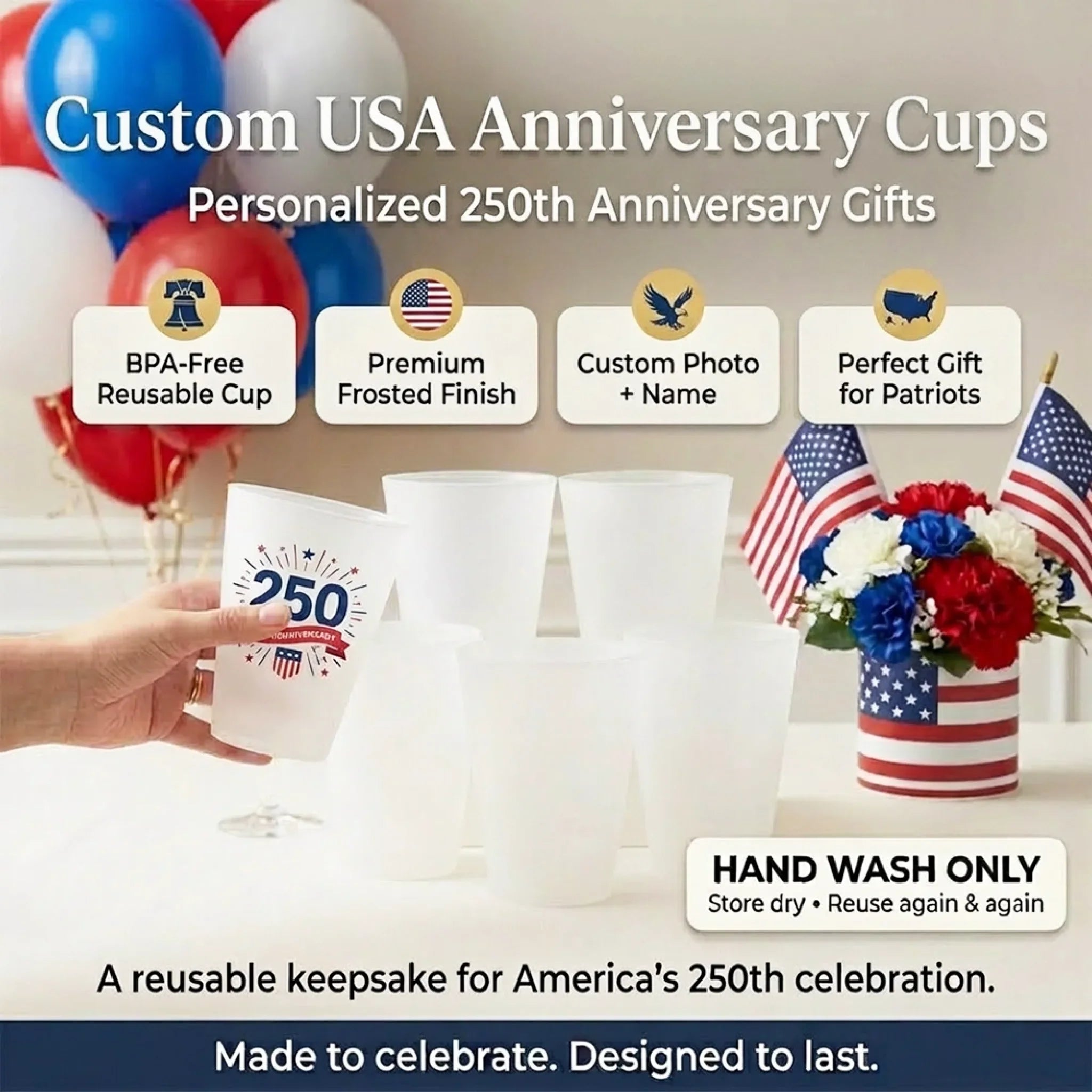 Custom Party Cups - Personalized America 250th Anniversary Gifts For Mom, Dad, Brother, Sister, Kids - Born To Stand Strong