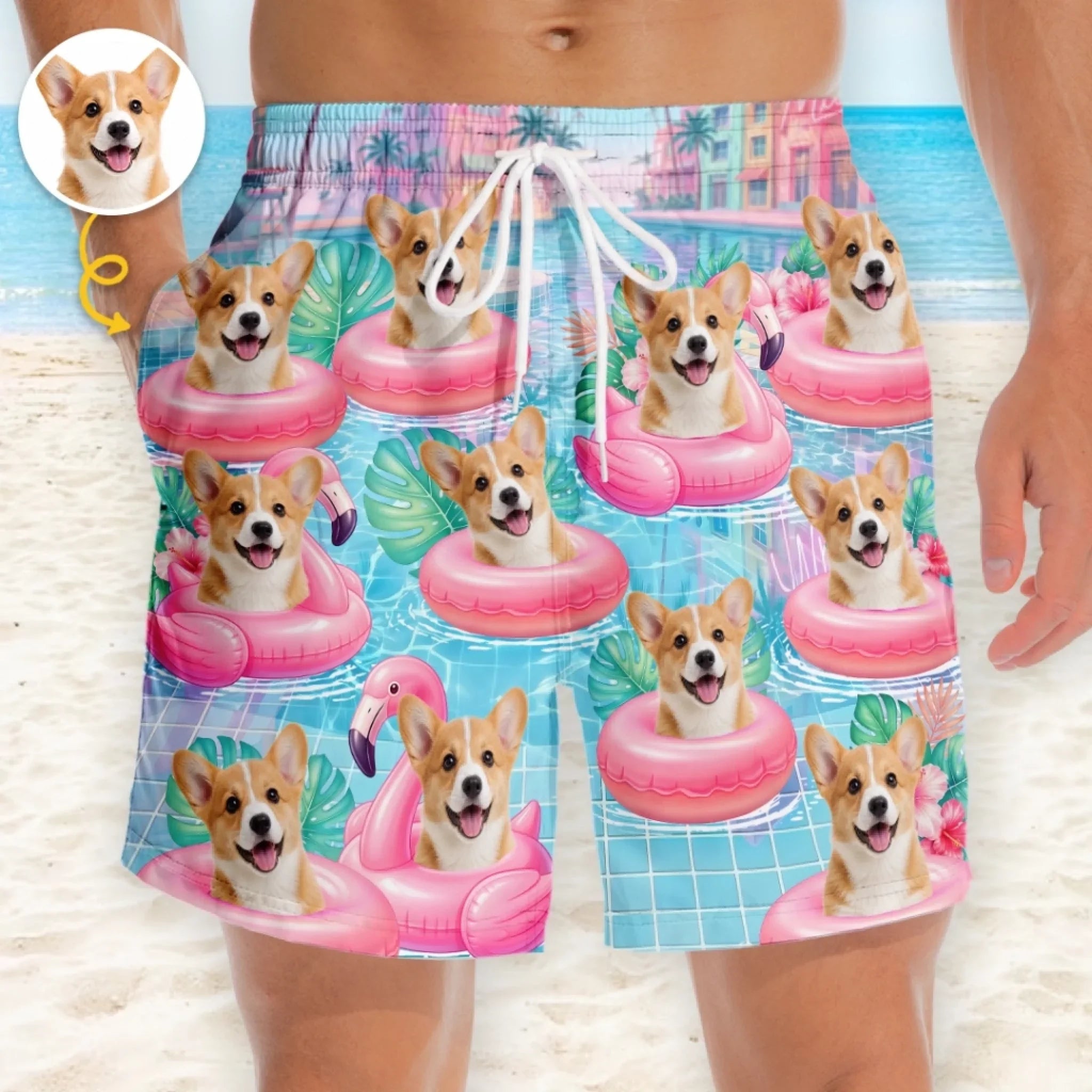 Custom Photo Tropical Hawaiian Aloha Men Beach Shorts - Personalized Summer Vacation And Travel Gifts For Dog Cat Lovers, Dog Dad And Mom, Cat Owners - Flamingo Float Club President
