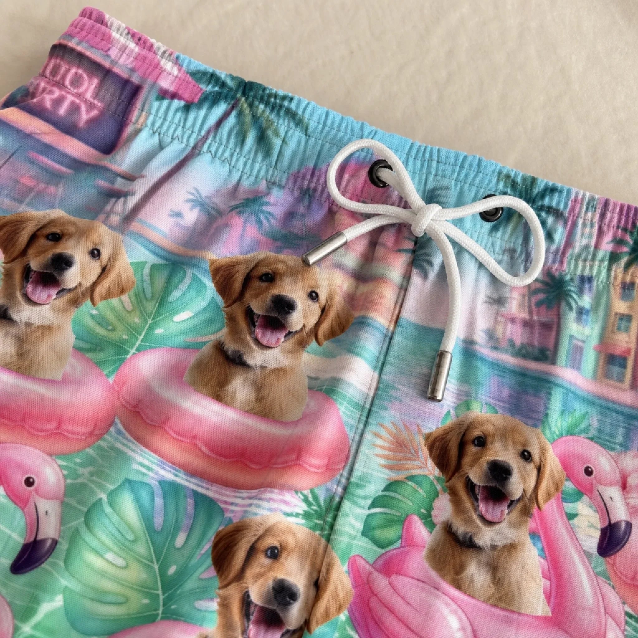 Custom Photo Tropical Hawaiian Aloha Men Beach Shorts - Personalized Summer Vacation And Travel Gifts For Dog Cat Lovers, Dog Dad And Mom, Cat Owners - Flamingo Float Club President