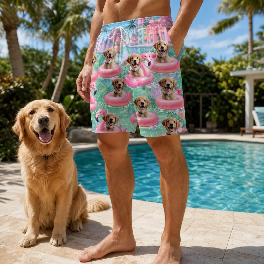 Custom Photo Tropical Hawaiian Aloha Men Beach Shorts - Personalized Summer Vacation And Travel Gifts For Dog Cat Lovers, Dog Dad And Mom, Cat Owners - Flamingo Float Club President