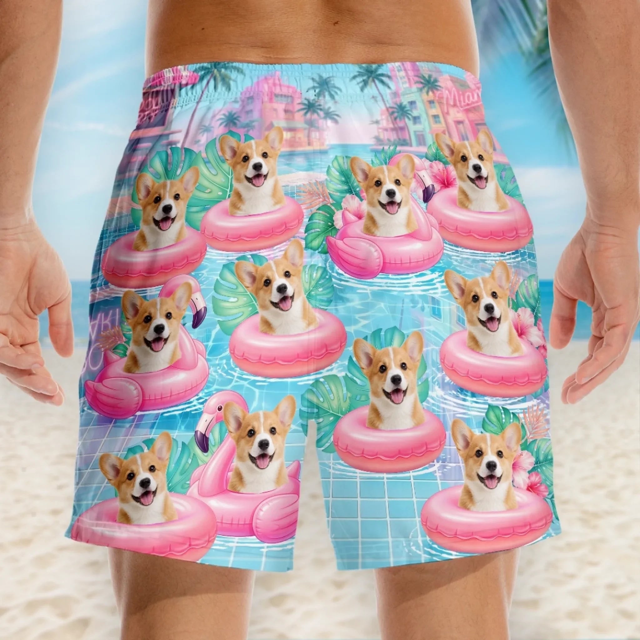 Custom Photo Tropical Hawaiian Aloha Men Beach Shorts - Personalized Summer Vacation And Travel Gifts For Dog Cat Lovers, Dog Dad And Mom, Cat Owners - Flamingo Float Club President