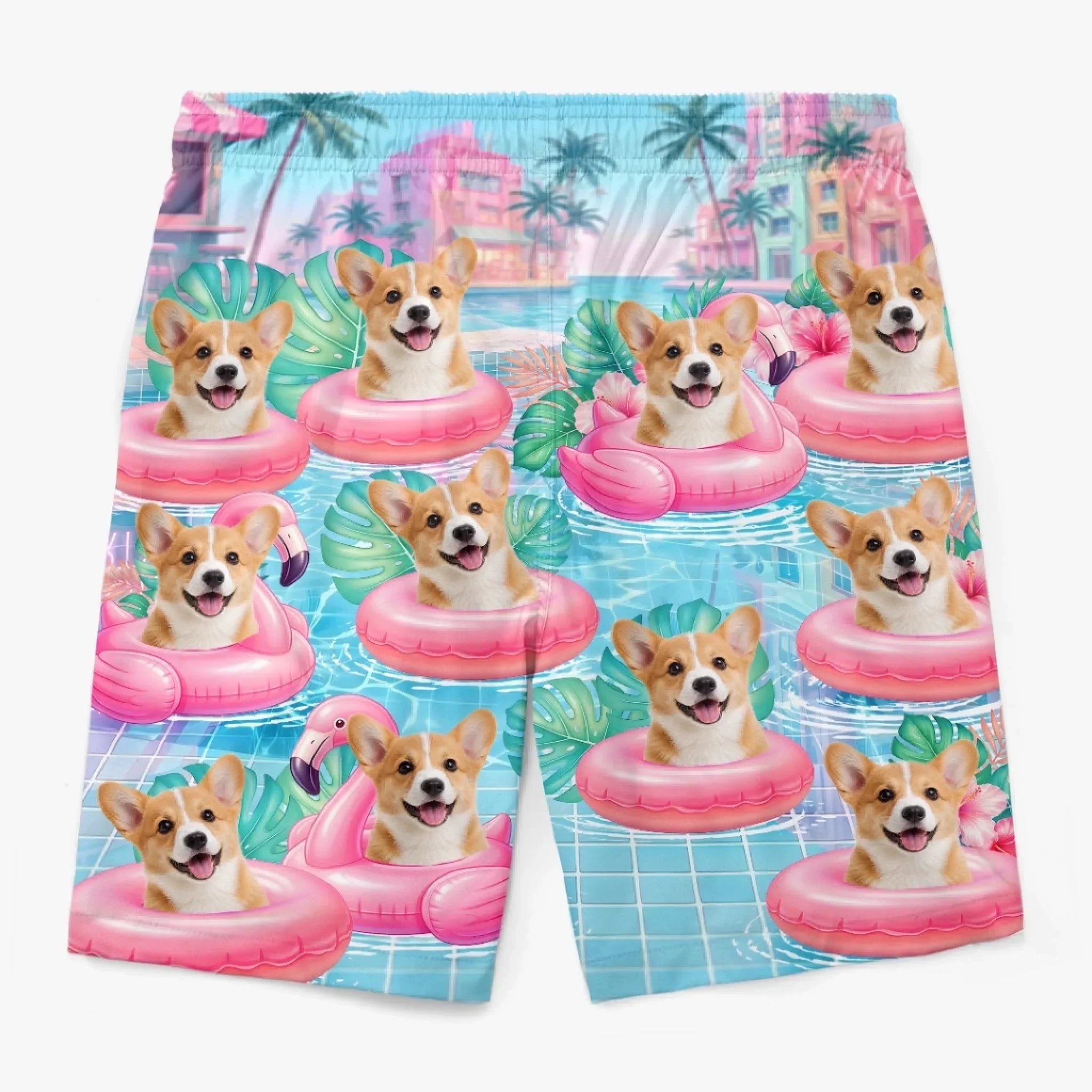 Custom Photo Tropical Hawaiian Aloha Men Beach Shorts - Personalized Summer Vacation And Travel Gifts For Dog Cat Lovers, Dog Dad And Mom, Cat Owners - Flamingo Float Club President