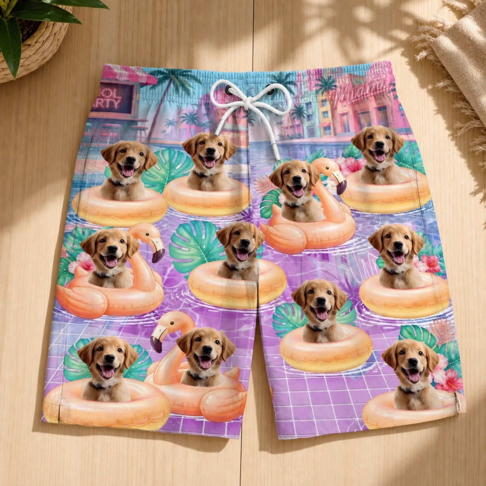 Custom Photo Tropical Hawaiian Aloha Men Beach Shorts - Personalized Summer Vacation And Travel Gifts For Dog Cat Lovers, Dog Dad And Mom, Cat Owners - Flamingo Float Club President