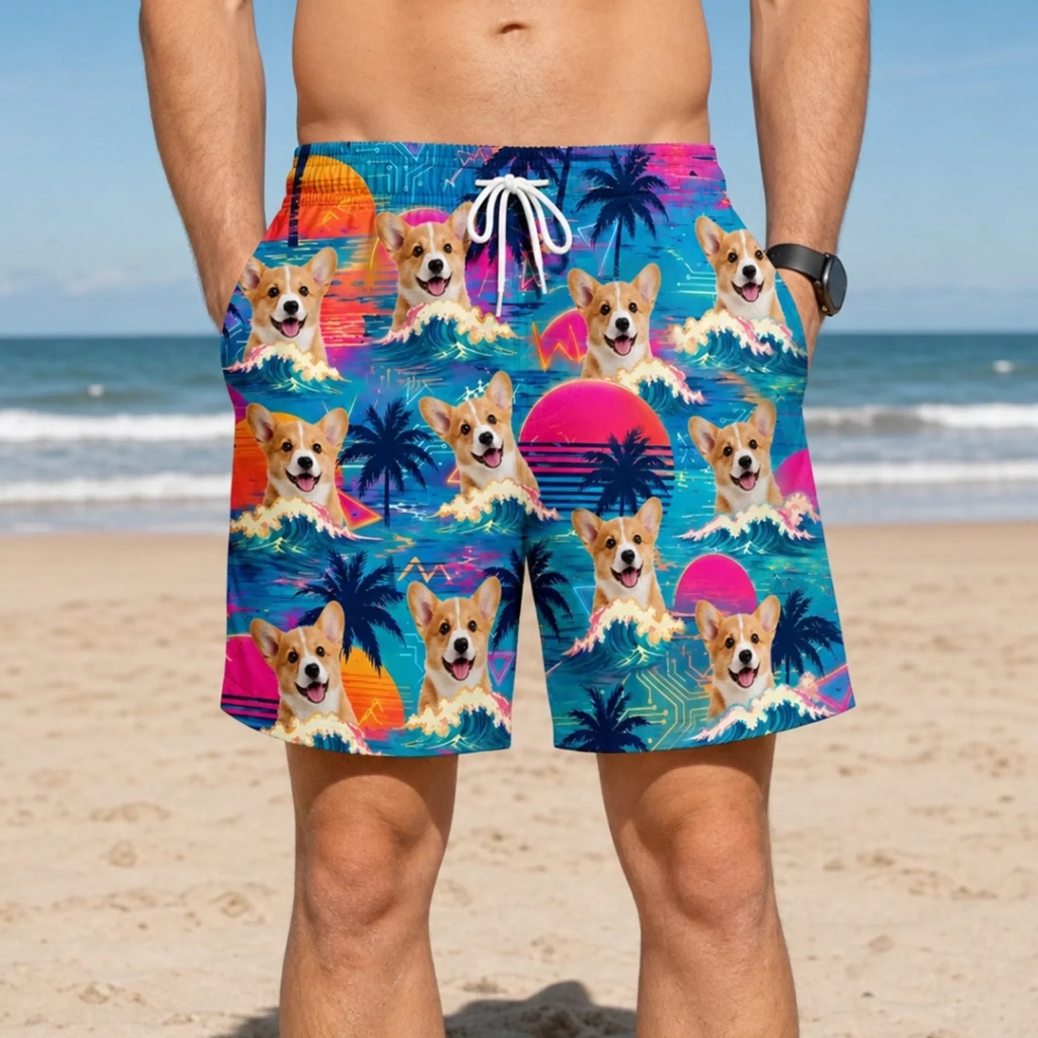 Custom Photo Tropical Hawaiian Aloha Men Beach Shorts - Personalized Summer Vacation And Travel Gifts For Dog Cat Lovers, Dog Dad And Mom, Cat Owners - Best Beach Buddy Ever