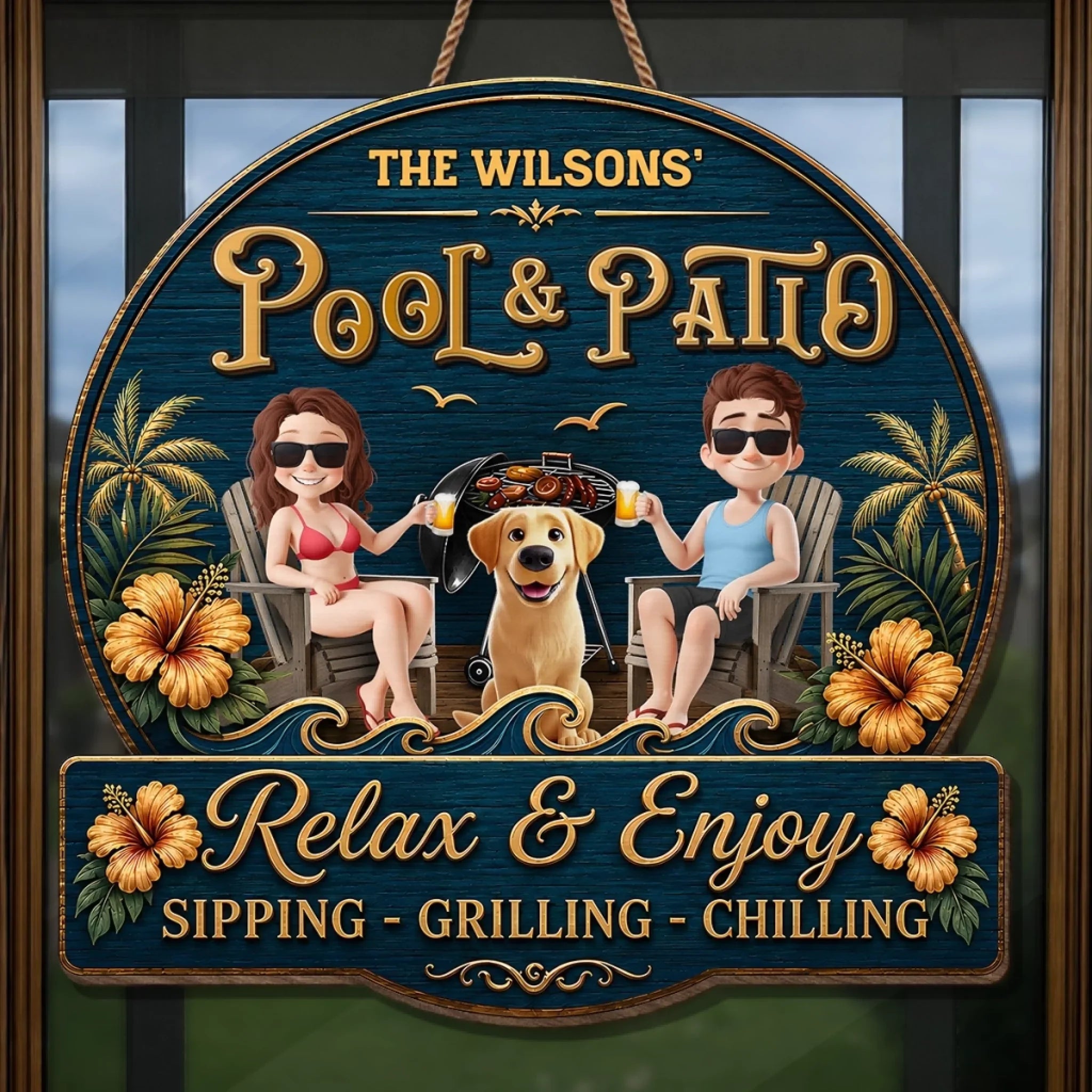 Custom Wood Sign - Personalized Summer Vacation And Travel Gifts For Husband And Wife, Dog Dad And Mom - Hot Grill, Cool Furry Nights