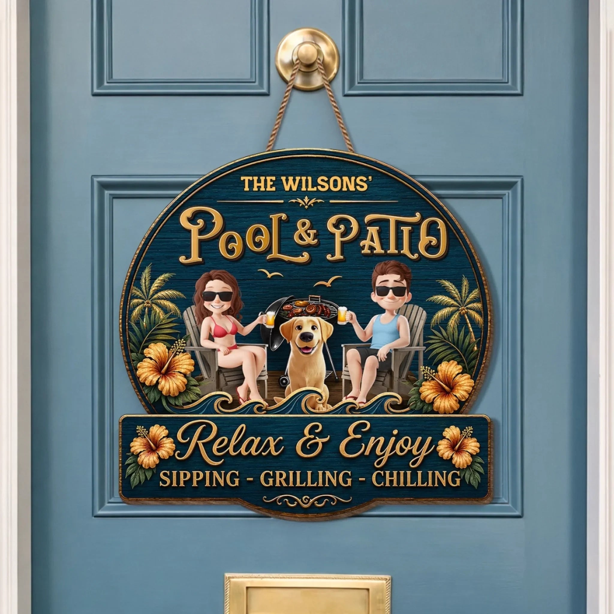 Custom Wood Sign - Personalized Summer Vacation And Travel Gifts For Husband And Wife, Dog Dad And Mom - Hot Grill, Cool Furry Nights