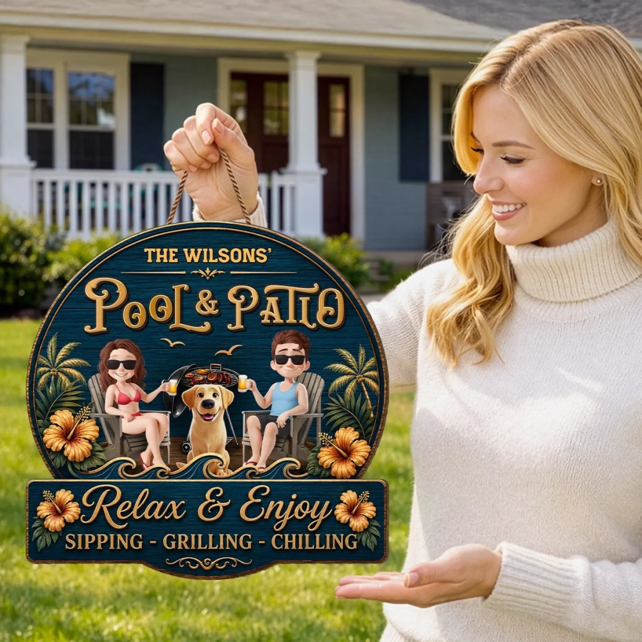 Custom Wood Sign - Personalized Summer Vacation And Travel Gifts For Husband And Wife, Dog Dad And Mom - Hot Grill, Cool Furry Nights