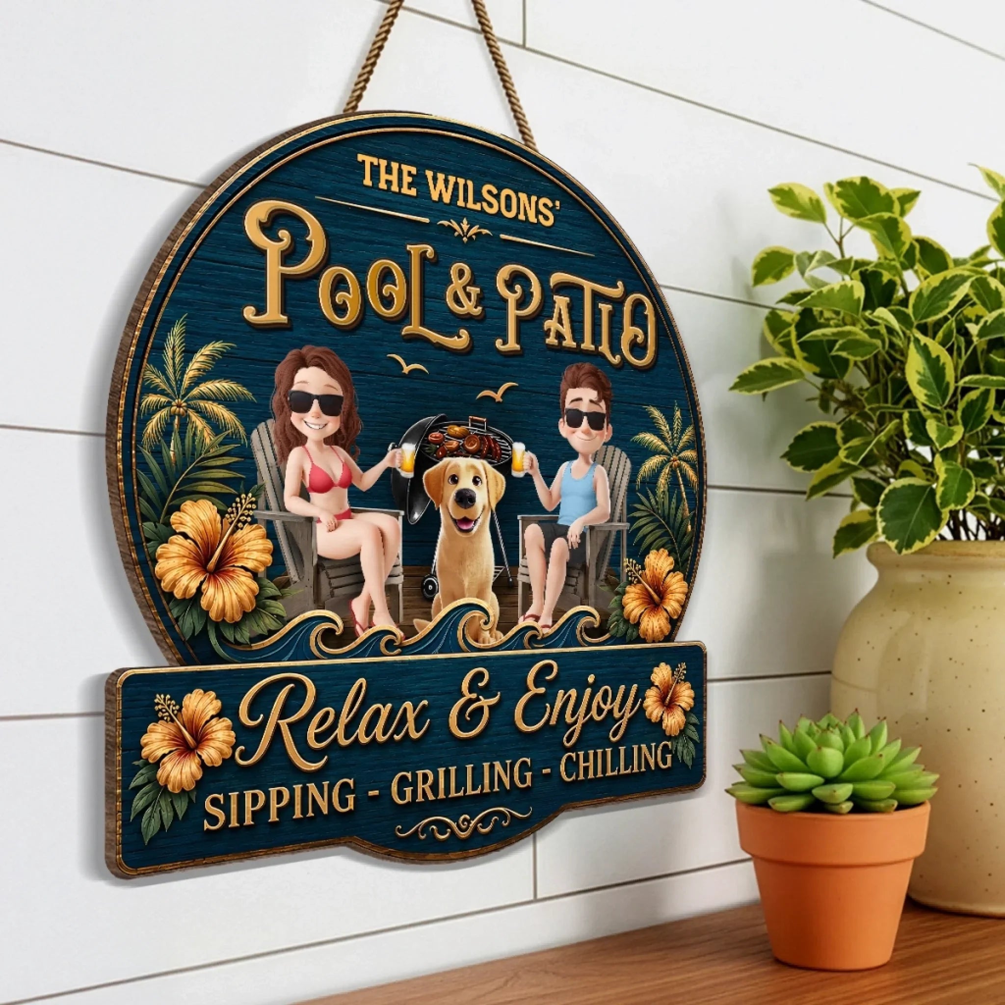 Custom Wood Sign - Personalized Summer Vacation And Travel Gifts For Husband And Wife, Dog Dad And Mom - Hot Grill, Cool Furry Nights