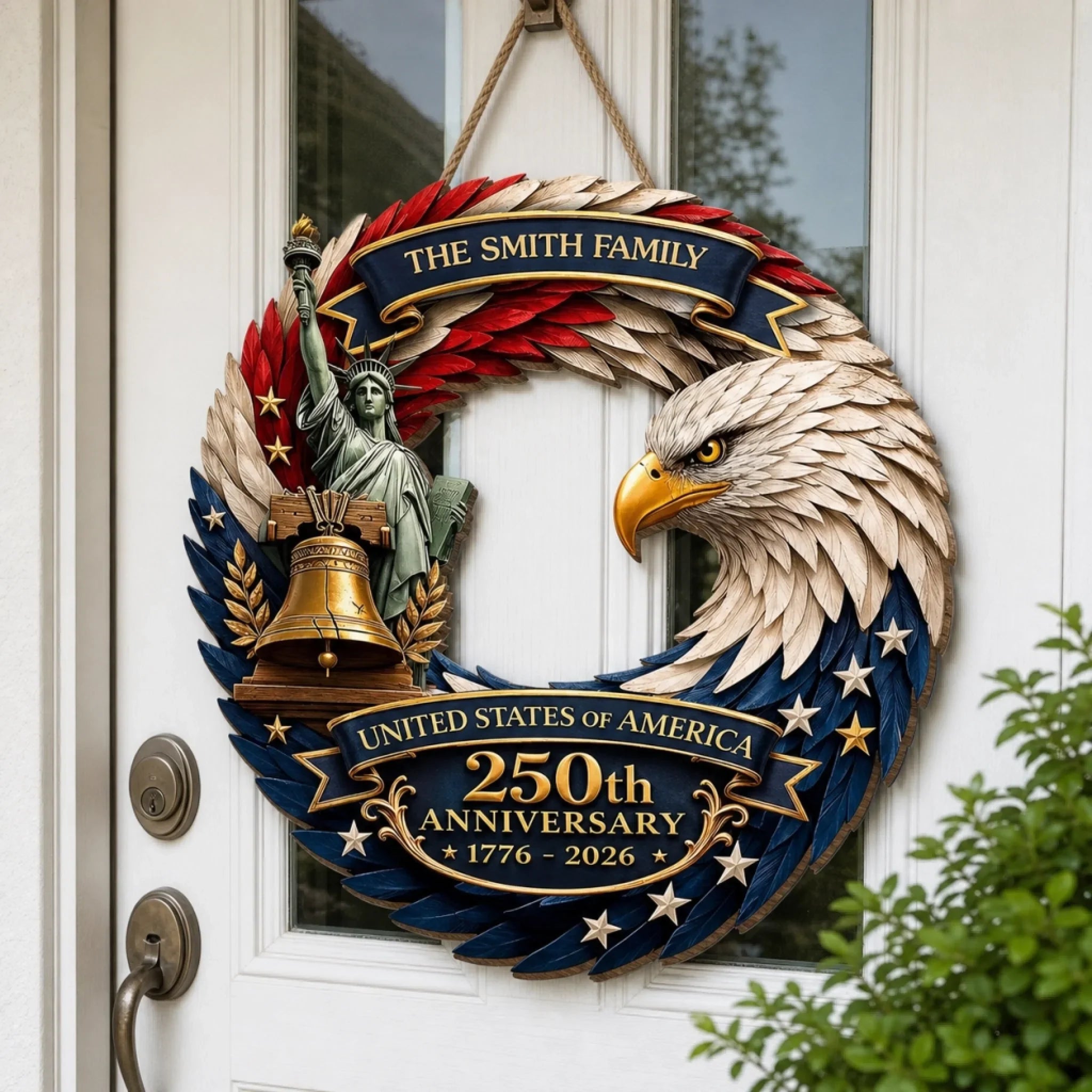 Custom Wood Sign - Personalized America 250th Anniversary Gifts For Mom, Dad, Brother, Sister, Kids - Bald Eagle Patriotic