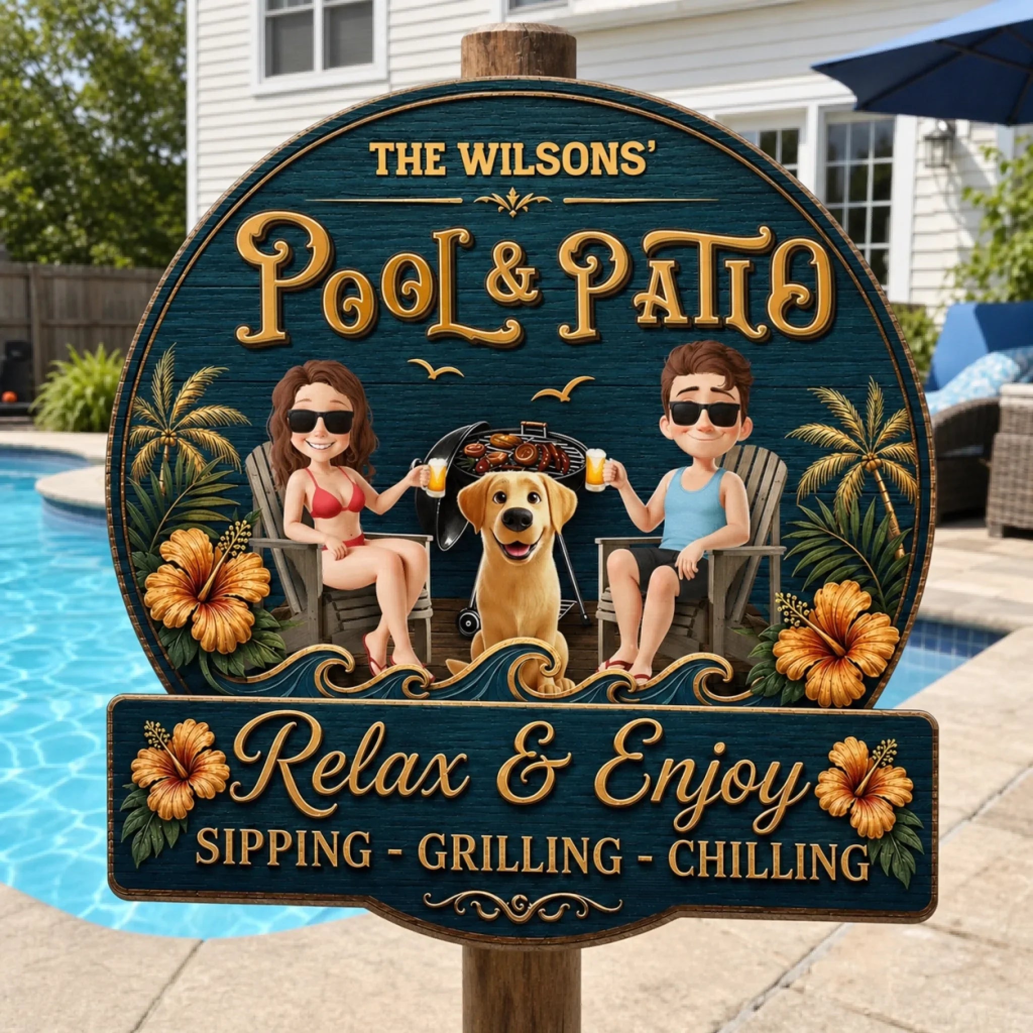Custom Wood Sign - Personalized Summer Vacation And Travel Gifts For Husband And Wife, Dog Dad And Mom - Hot Grill, Cool Furry Nights