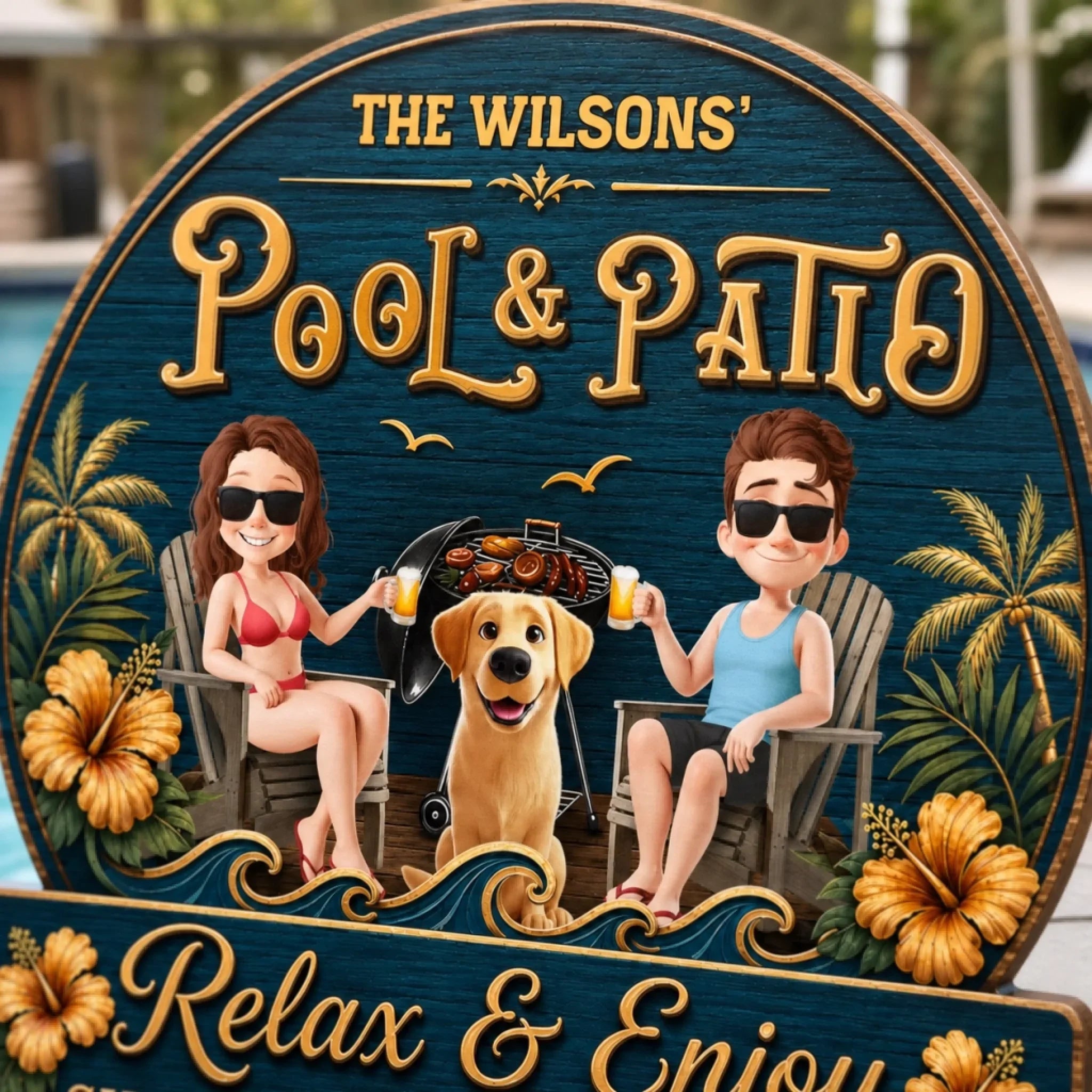 Custom Wood Sign - Personalized Summer Vacation And Travel Gifts For Husband And Wife, Dog Dad And Mom - Hot Grill, Cool Furry Nights