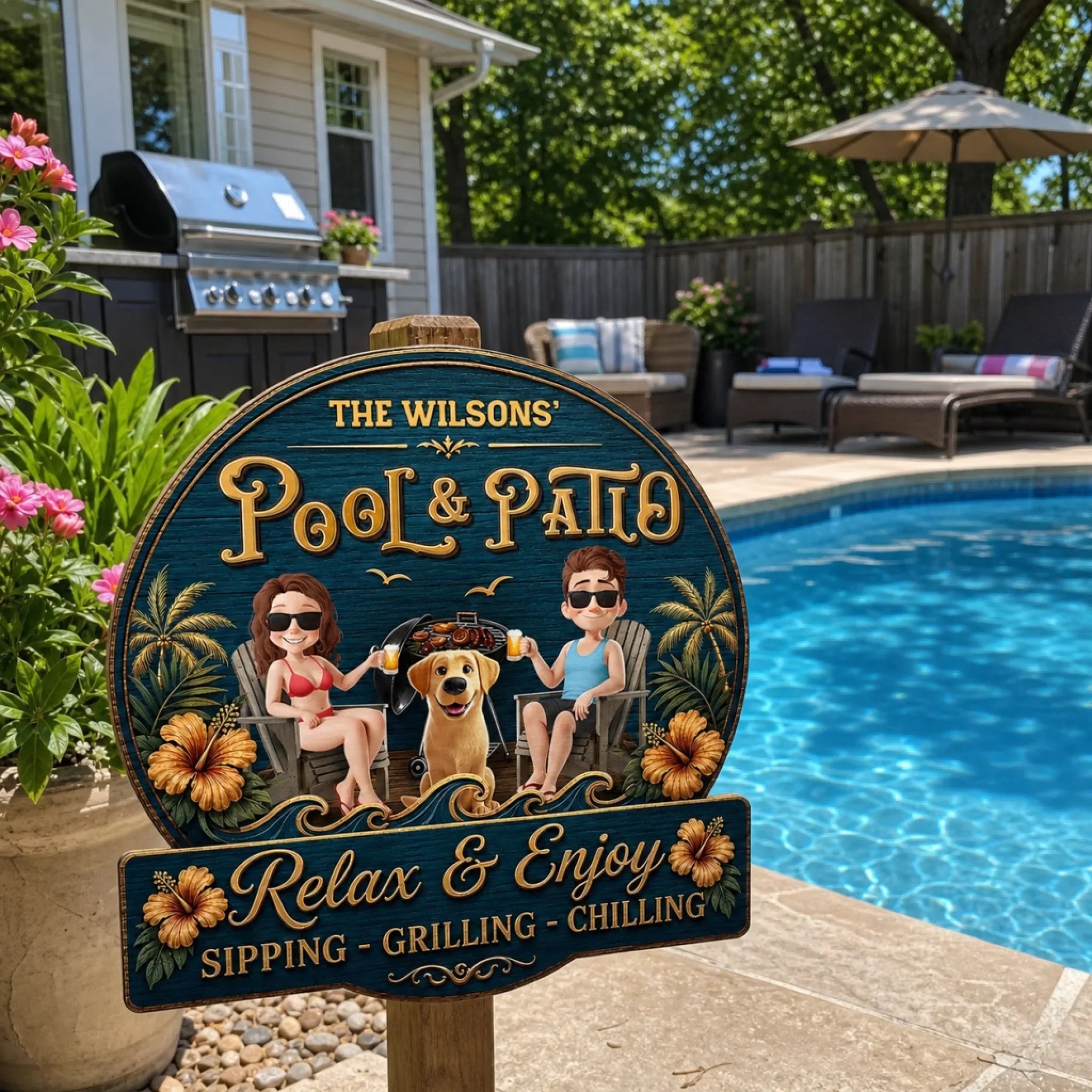 Custom Wood Sign - Personalized Summer Vacation And Travel Gifts For Husband And Wife, Dog Dad And Mom - Hot Grill, Cool Furry Nights