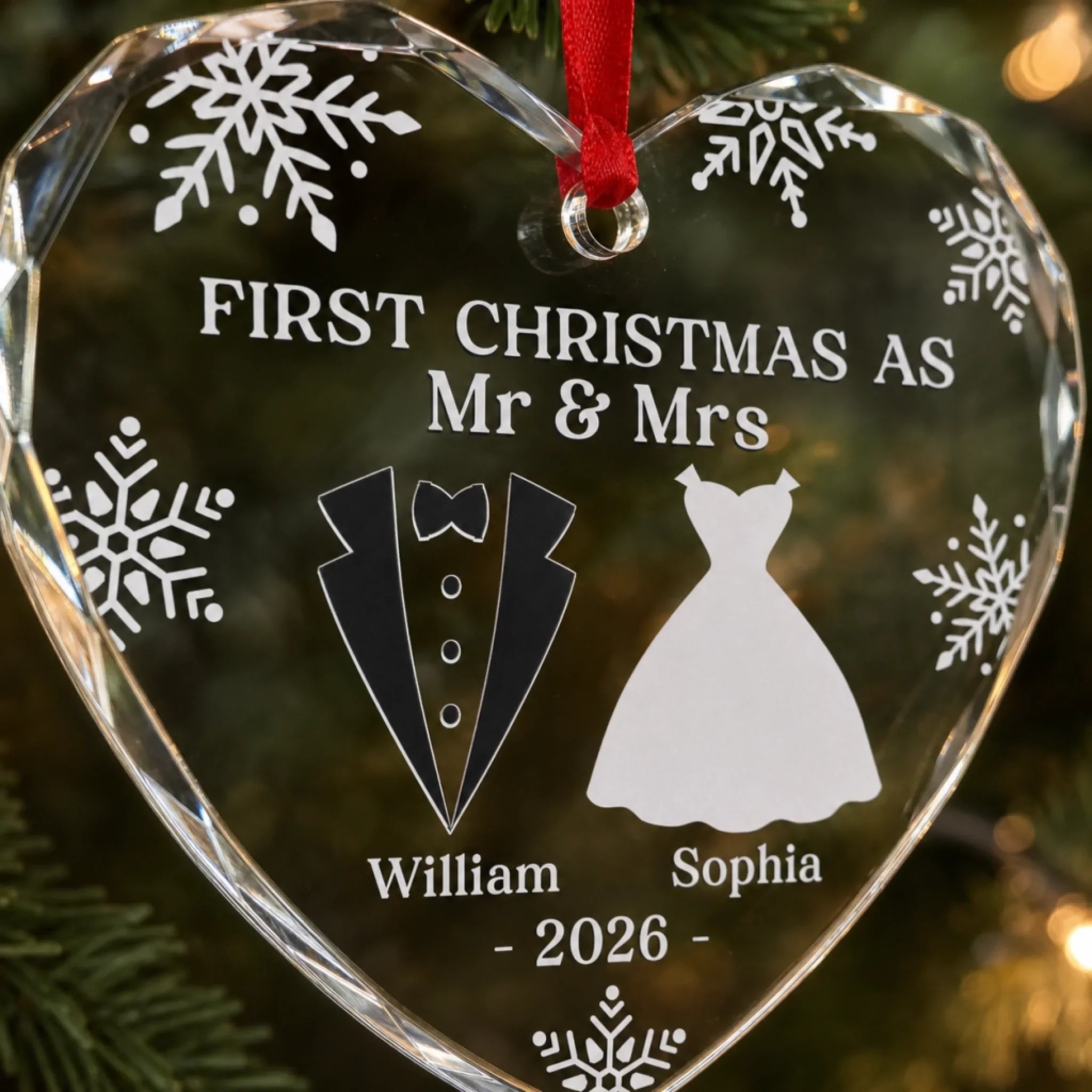 Custom Heart Glass Ornament - Personalized Anniversary Christmas Wedding Gifts For Husband And Wife, Him And Her - Our First Christmas As Husband And Wife