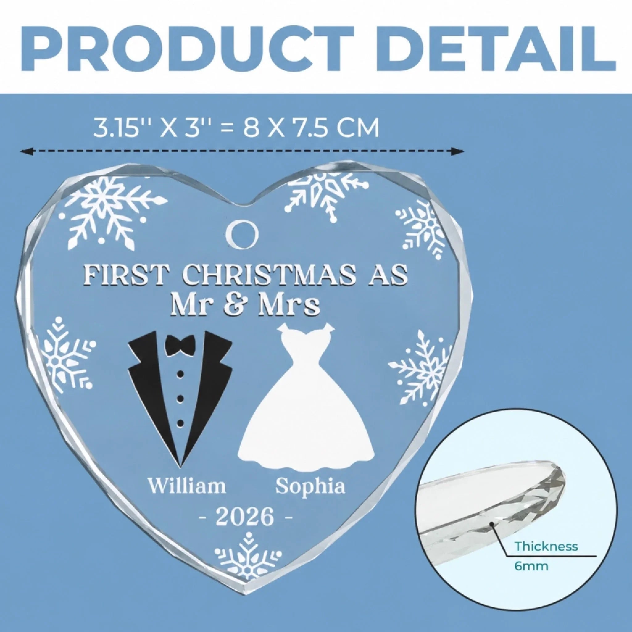 Custom Heart Glass Ornament - Personalized Anniversary Christmas Wedding Gifts For Husband And Wife, Him And Her - Our First Christmas As Husband And Wife