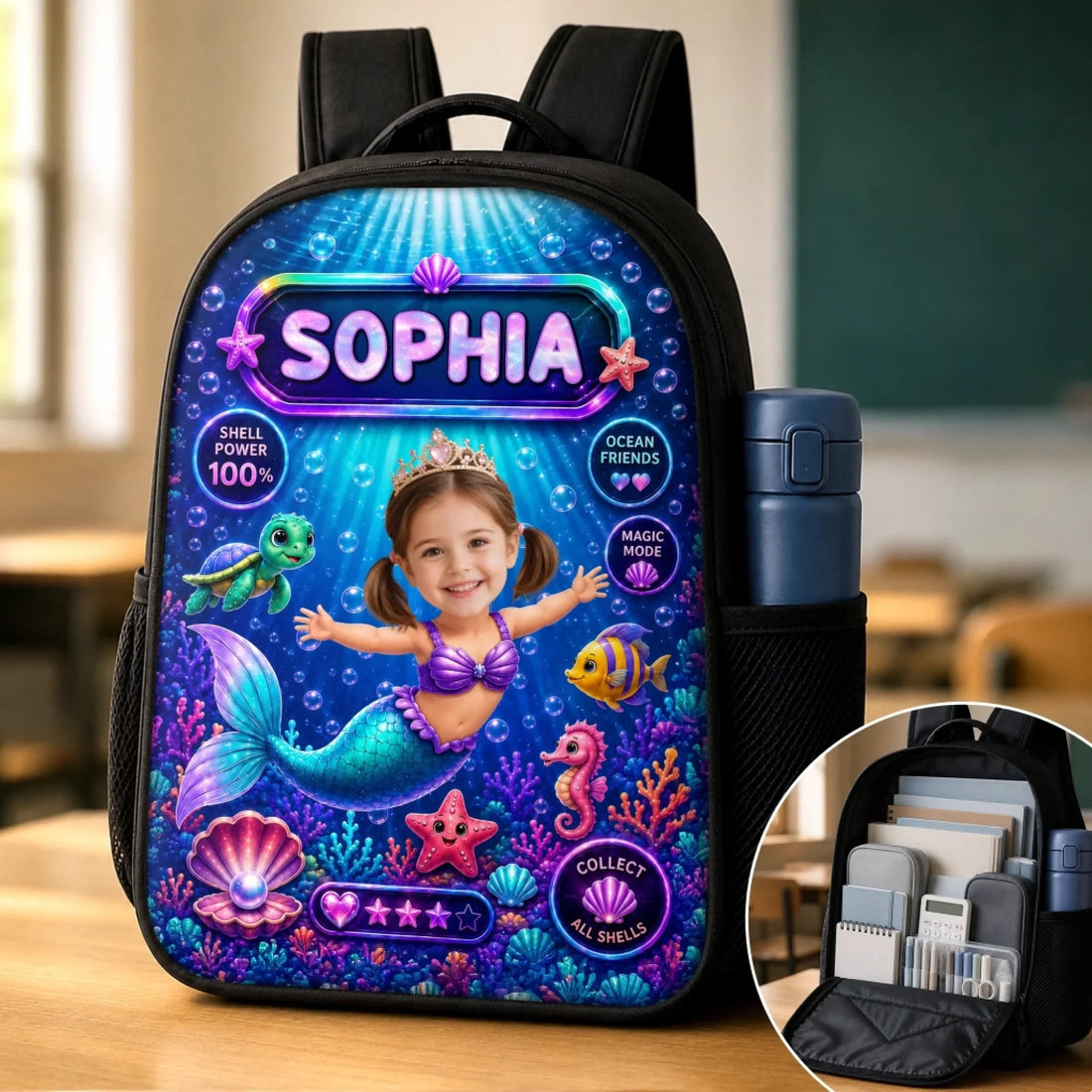Custom Photo Kids Front Printed Backpack - Personalized Back To School Gifts For Kids - Little Mermaid With Big Dreams