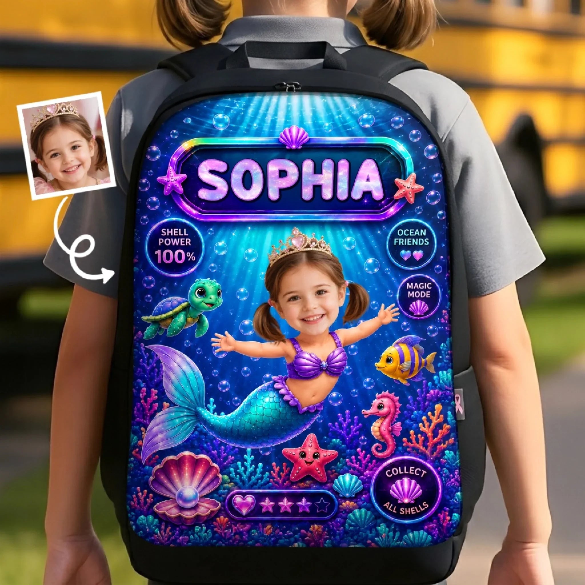 Custom Photo Kids Front Printed Backpack - Personalized Back To School Gifts For Kids - Little Mermaid With Big Dreams